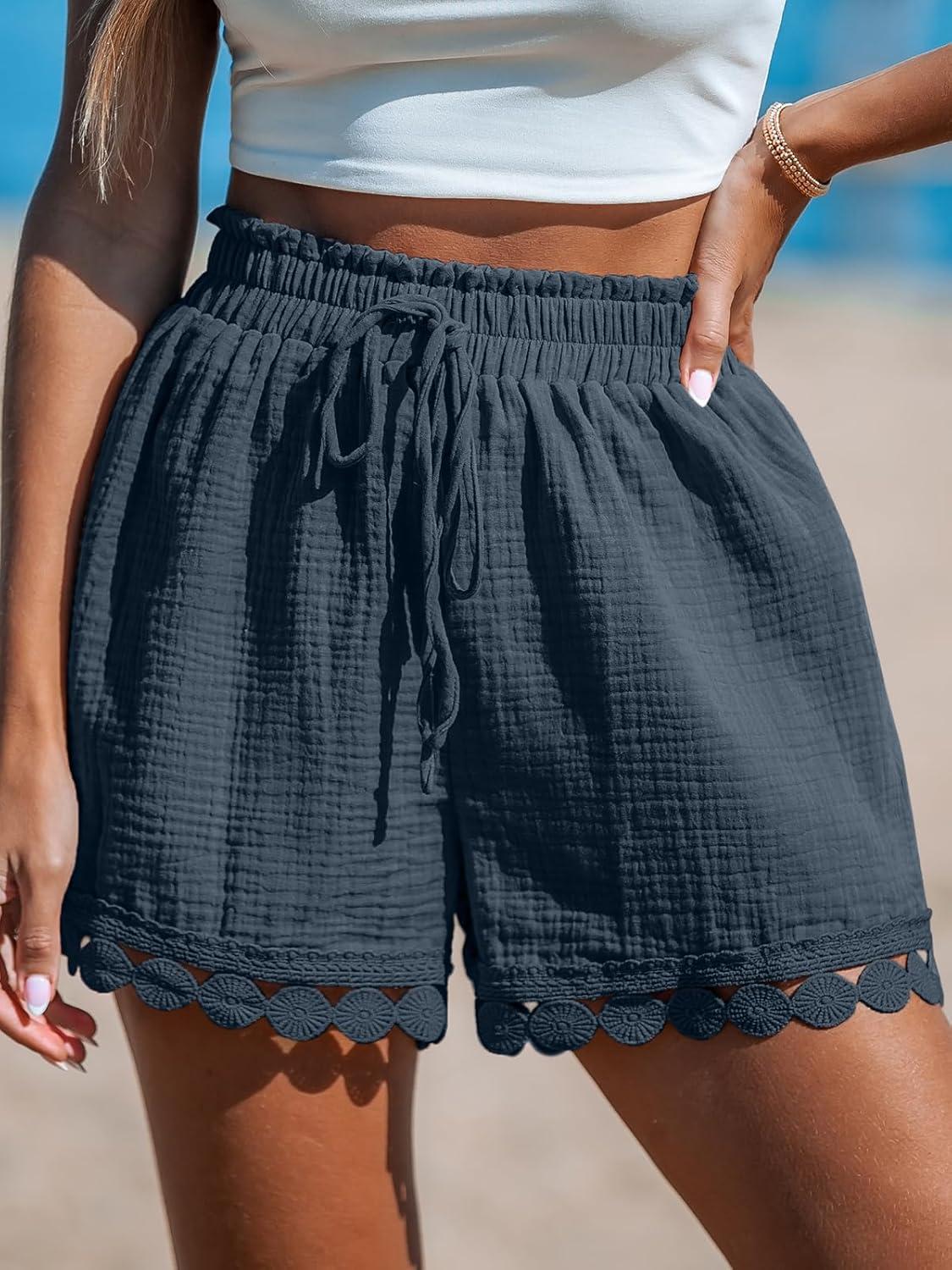 imageCUPSHE Women Swim Cover Up Shorts 100 Cotton Casual Beach Shorts with Side PocketsNavy
