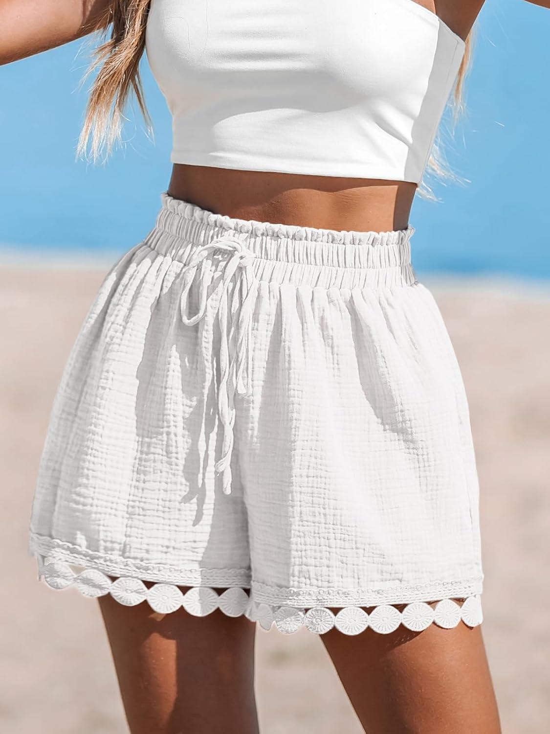 imageCUPSHE Women Swim Cover Up Shorts 100 Cotton Casual Beach Shorts with Side PocketsWhite