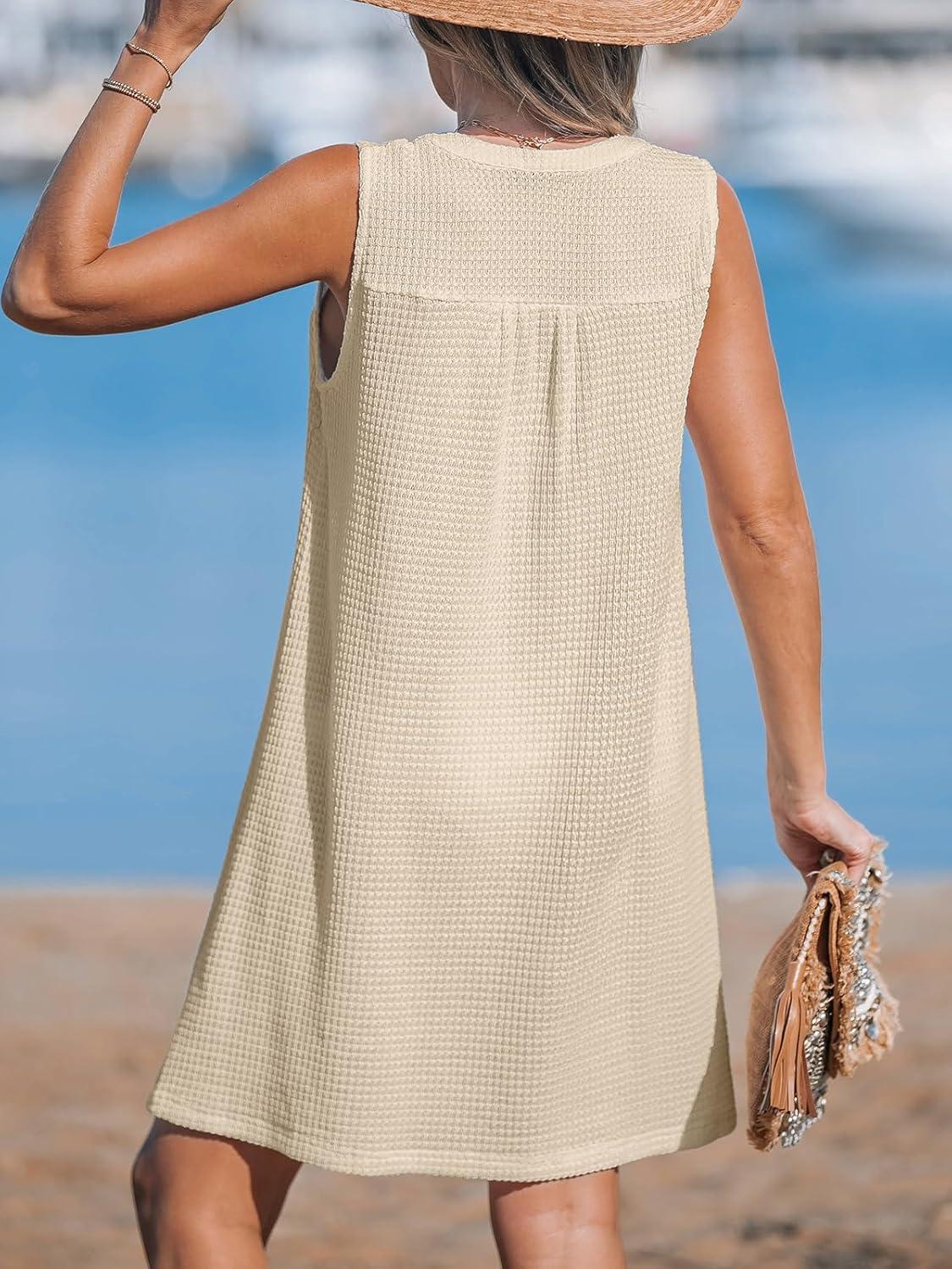 imageCUPSHE Women Swimsuit Cover Up Sleeveless Waffle Knit Summer Mini Beach Coverup DressApricot