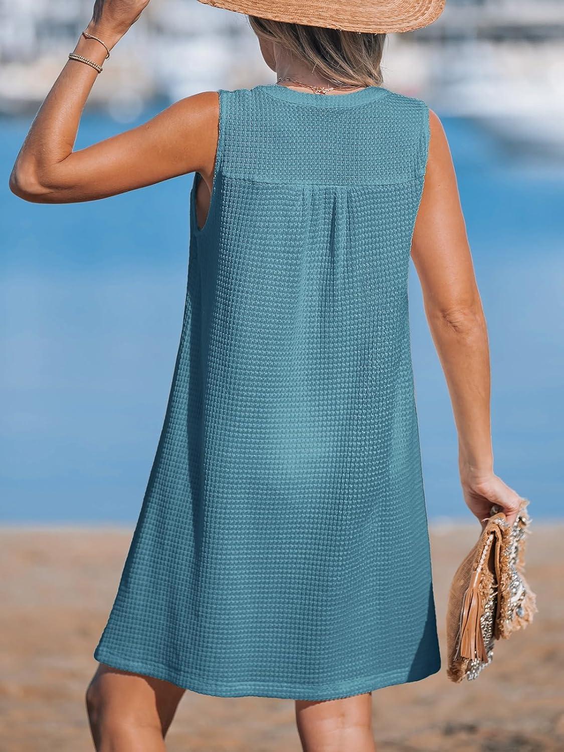 imageCUPSHE Women Swimsuit Cover Up Sleeveless Waffle Knit Summer Mini Beach Coverup DressBlue