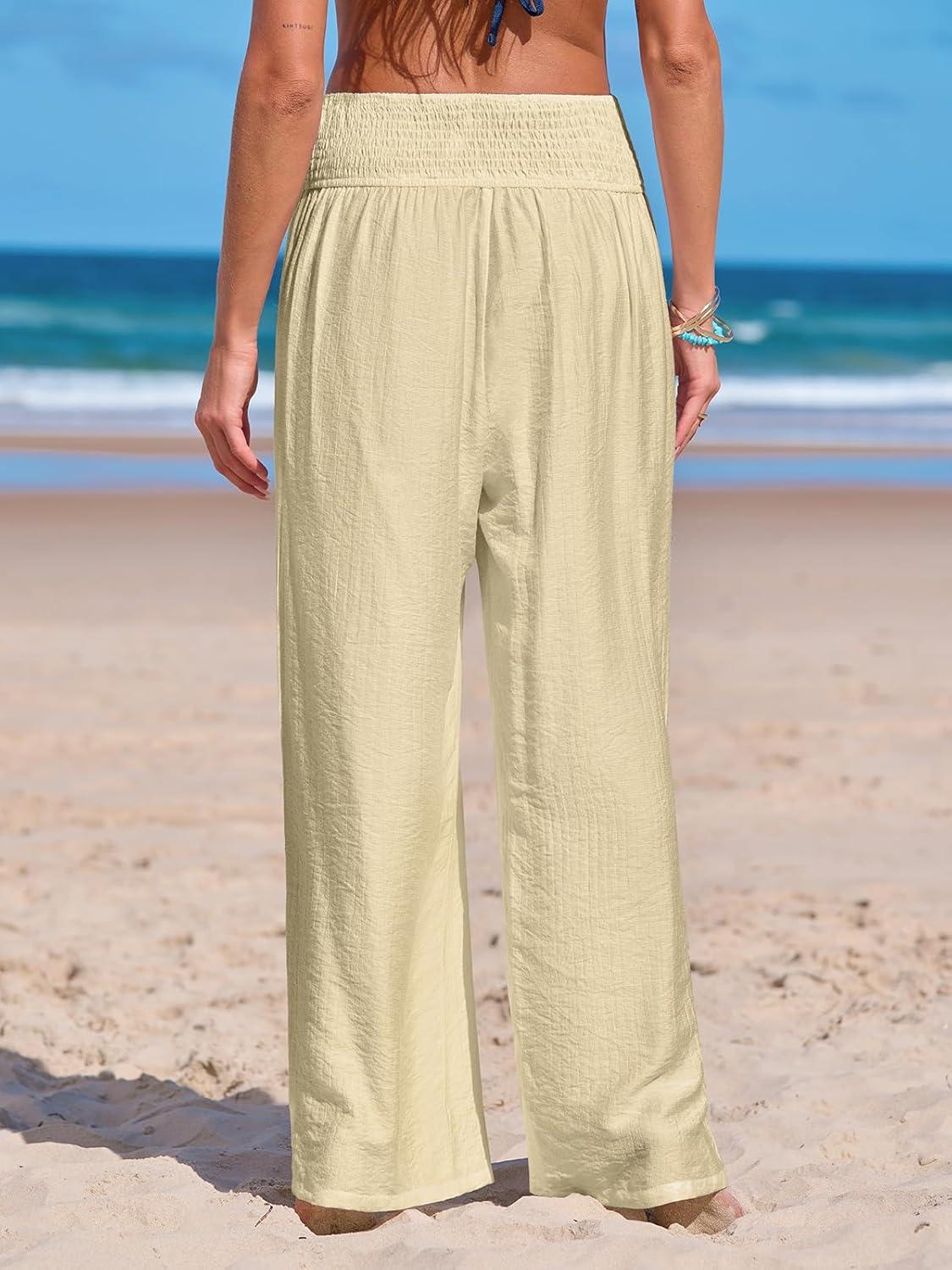 imageCUPSHE Women Swimsuit Cover Ups Pants High Waist Smokced Wide Leg Beach Vacation OutfitsApricot