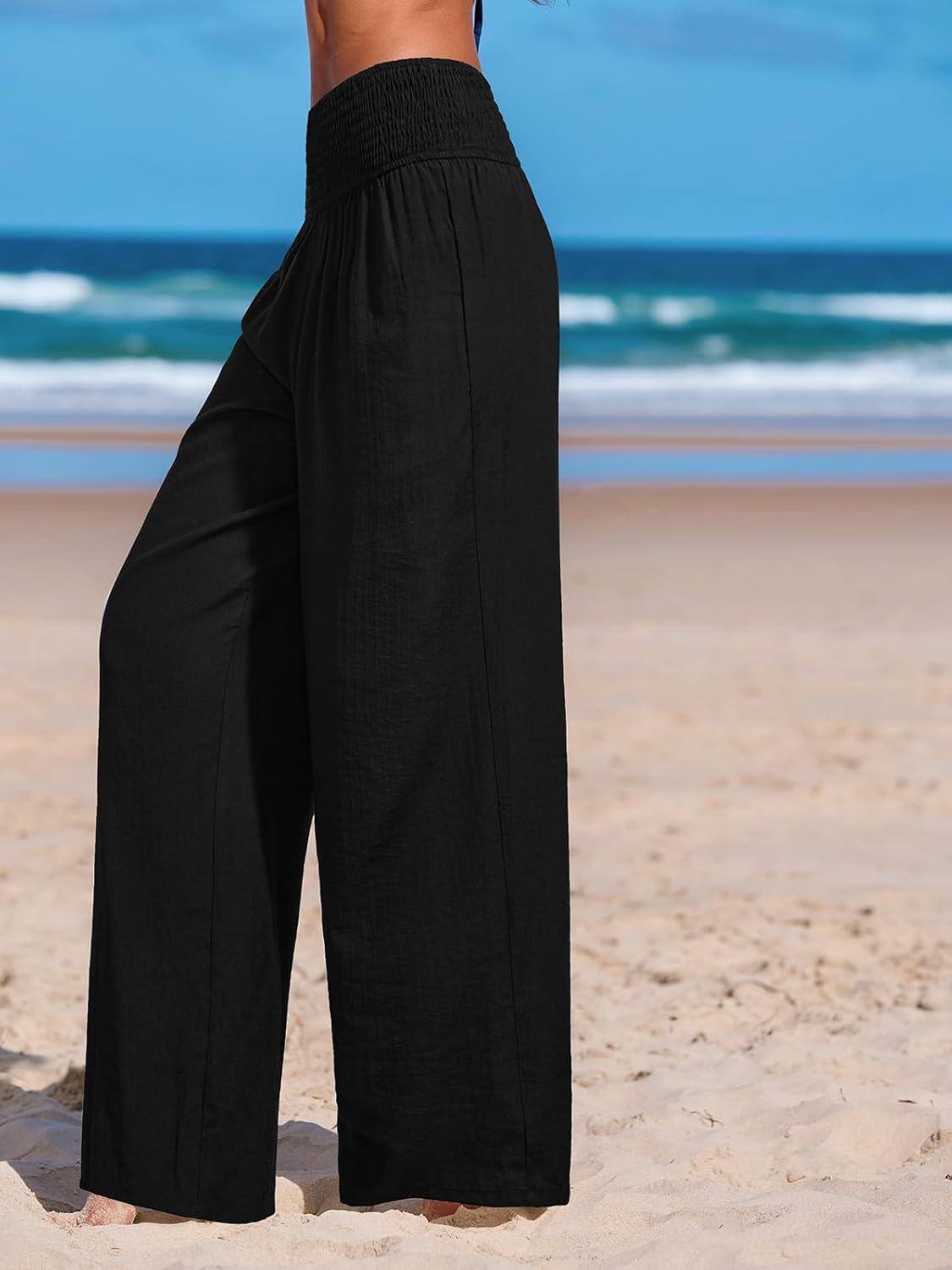 imageCUPSHE Women Swimsuit Cover Ups Pants High Waist Smokced Wide Leg Beach Vacation OutfitsBlack