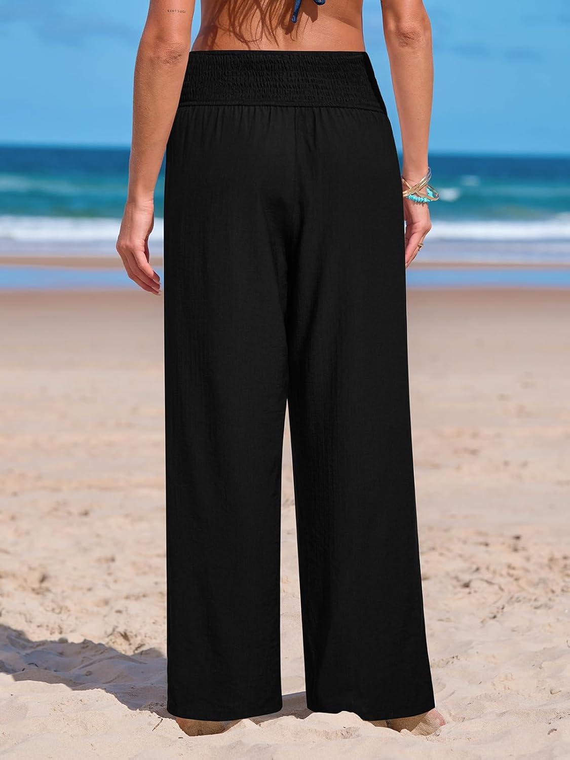 imageCUPSHE Women Swimsuit Cover Ups Pants High Waist Smokced Wide Leg Beach Vacation OutfitsBlack