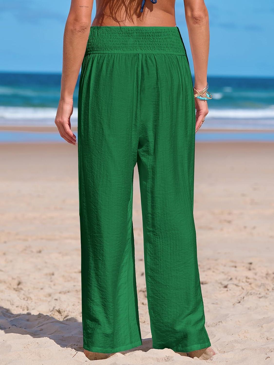 imageCUPSHE Women Swimsuit Cover Ups Pants High Waist Smokced Wide Leg Beach Vacation OutfitsEmerald Green