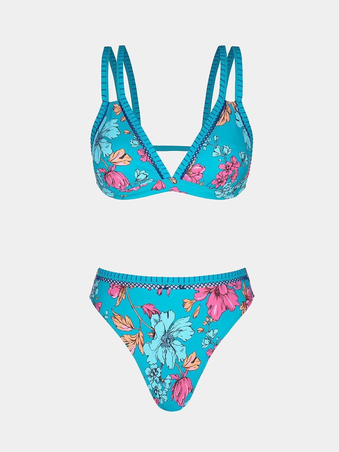 imageCUPSHE Womens Bikini Sets High Waisted Two Piece Bathing Suit V Neck Double Straps High Cut Cheeky Bottom Strappy BackAqua BlueFloral