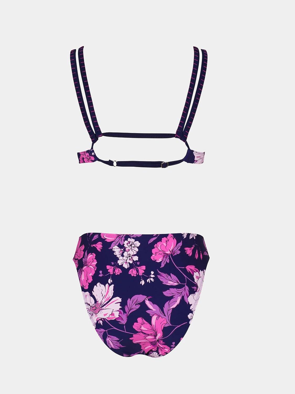 imageCUPSHE Womens Bikini Sets High Waisted Two Piece Bathing Suit V Neck Double Straps High Cut Cheeky Bottom Strappy BackBlackPurpleFloral