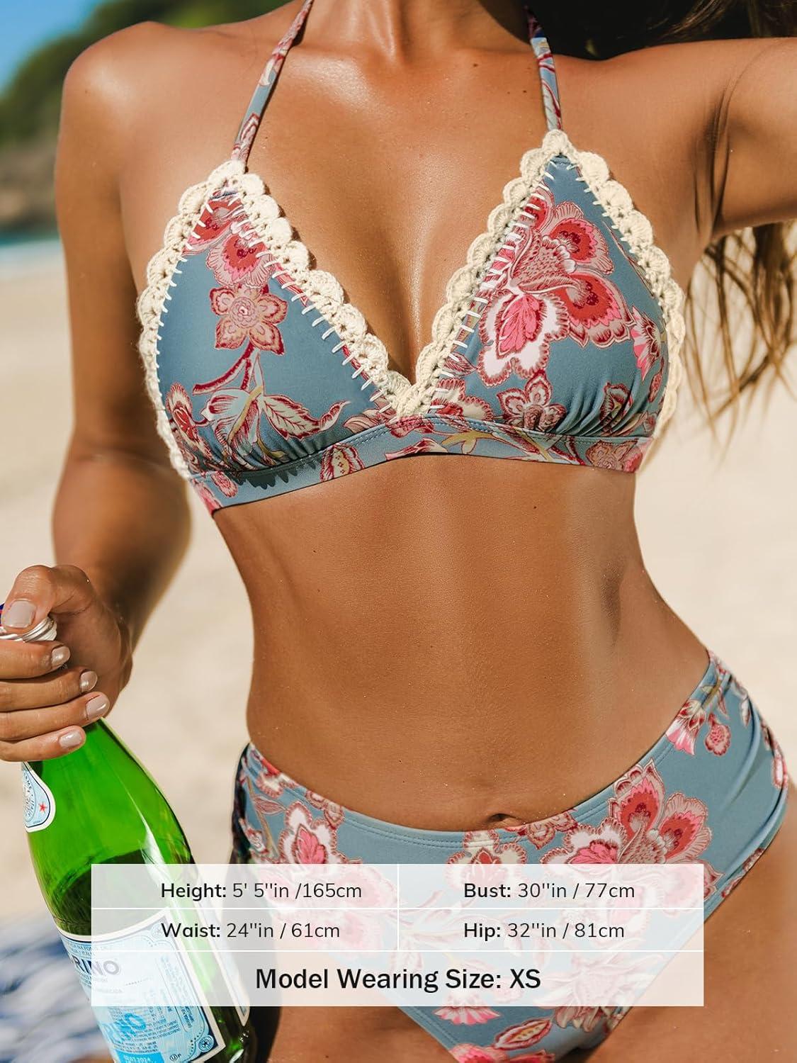 imageCUPSHE Womens Bikini Sets Two Piece Swimsuit Mid Rise Halter Triangle Tops V Neck Scalloped CrochetBlue Grey Floral