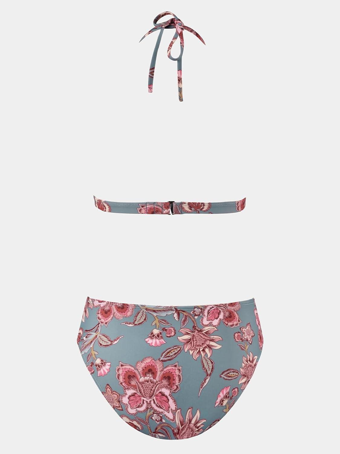 imageCUPSHE Womens Bikini Sets Two Piece Swimsuit Mid Rise Halter Triangle Tops V Neck Scalloped CrochetBlue Grey Floral