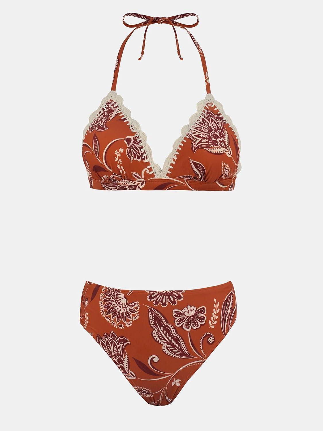 imageCUPSHE Womens Bikini Sets Two Piece Swimsuit Mid Rise Halter Triangle Tops V Neck Scalloped CrochetRed Floral