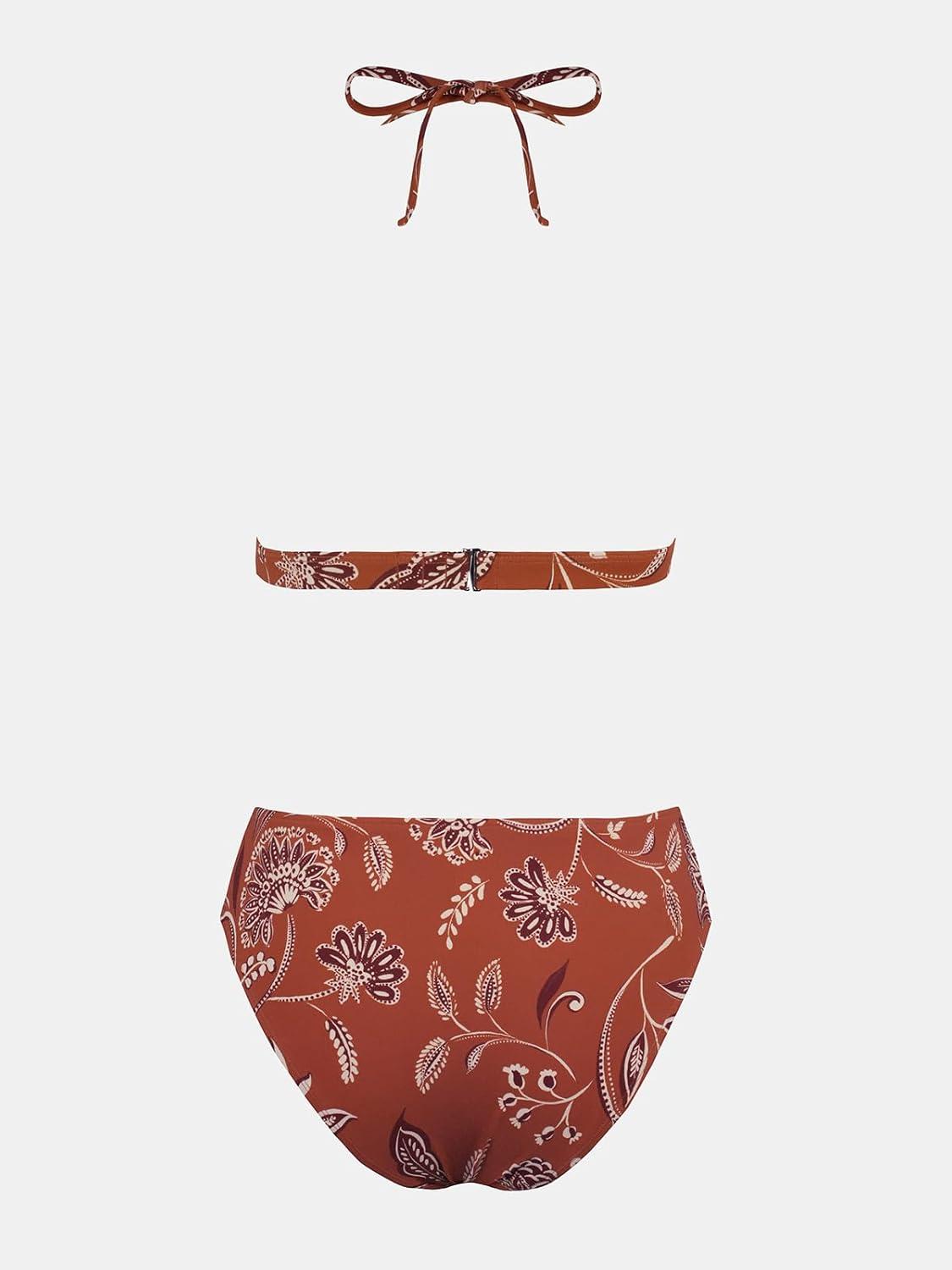 imageCUPSHE Womens Bikini Sets Two Piece Swimsuit Mid Rise Halter Triangle Tops V Neck Scalloped CrochetRed Floral