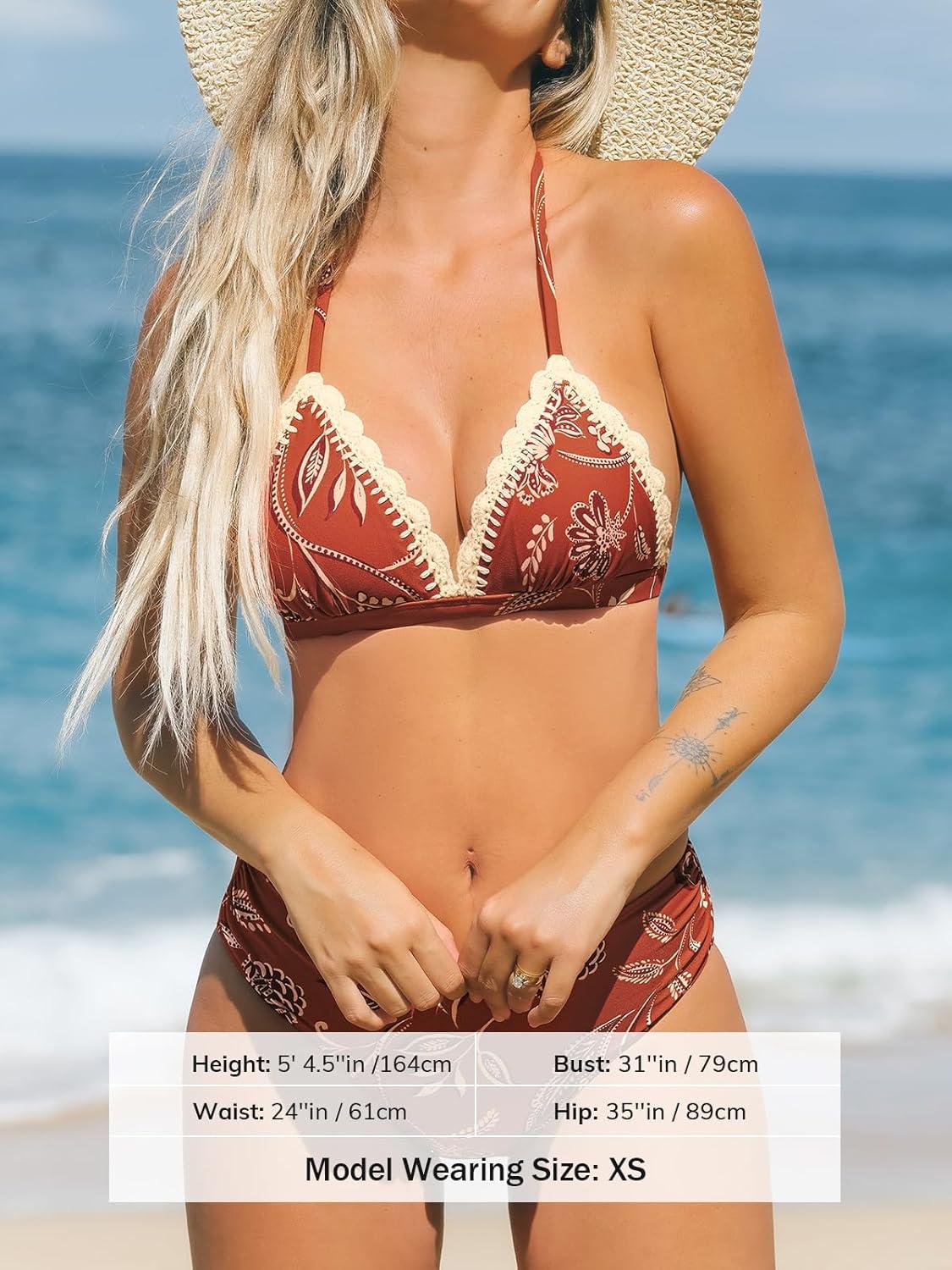 imageCUPSHE Womens Bikini Sets Two Piece Swimsuit Mid Rise Halter Triangle Tops V Neck Scalloped CrochetRed Floral