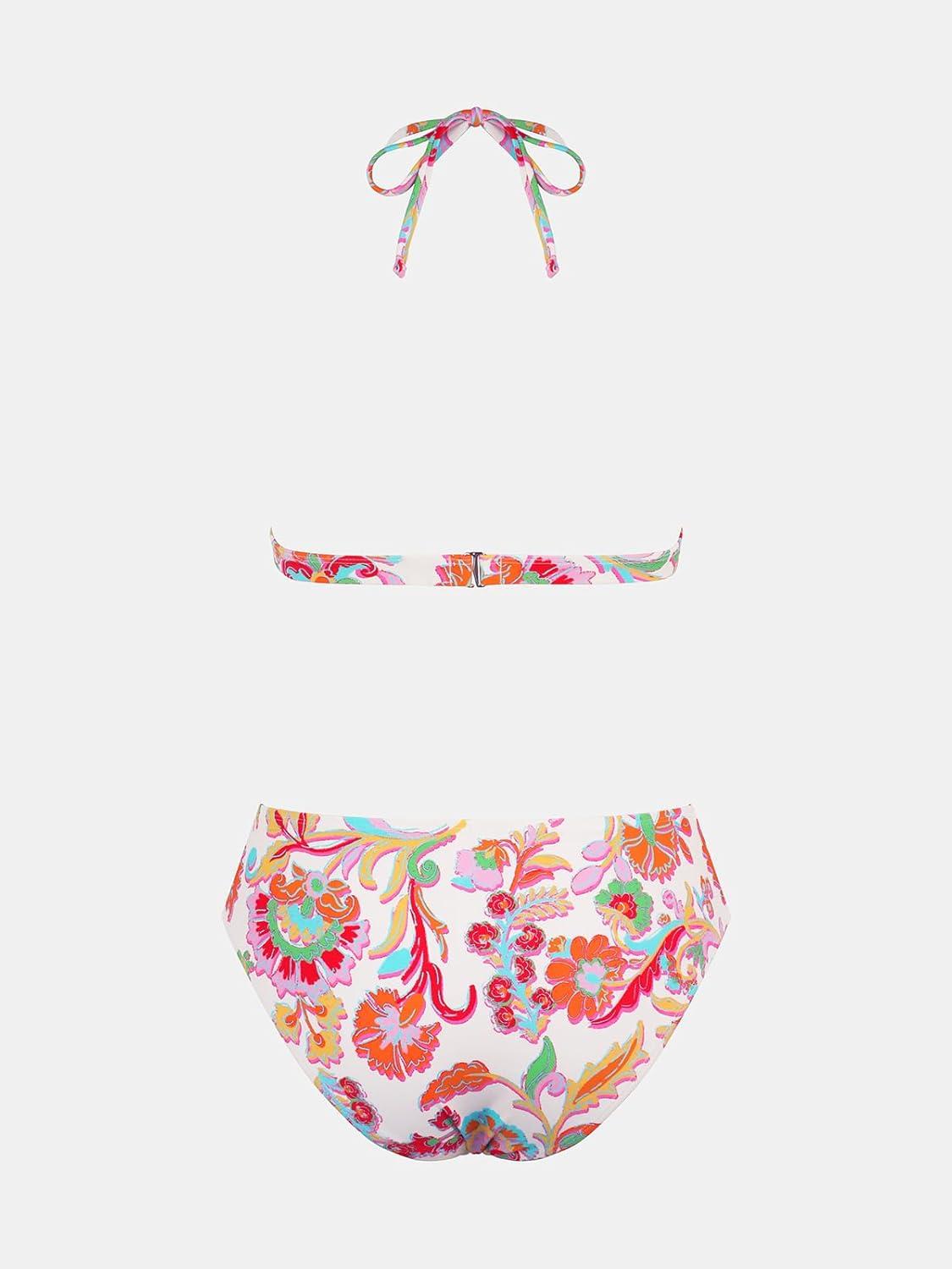 imageCUPSHE Womens Bikini Sets Two Piece Swimsuit Mid Rise Halter Triangle Tops V Neck Scalloped CrochetWhiteRed Floral