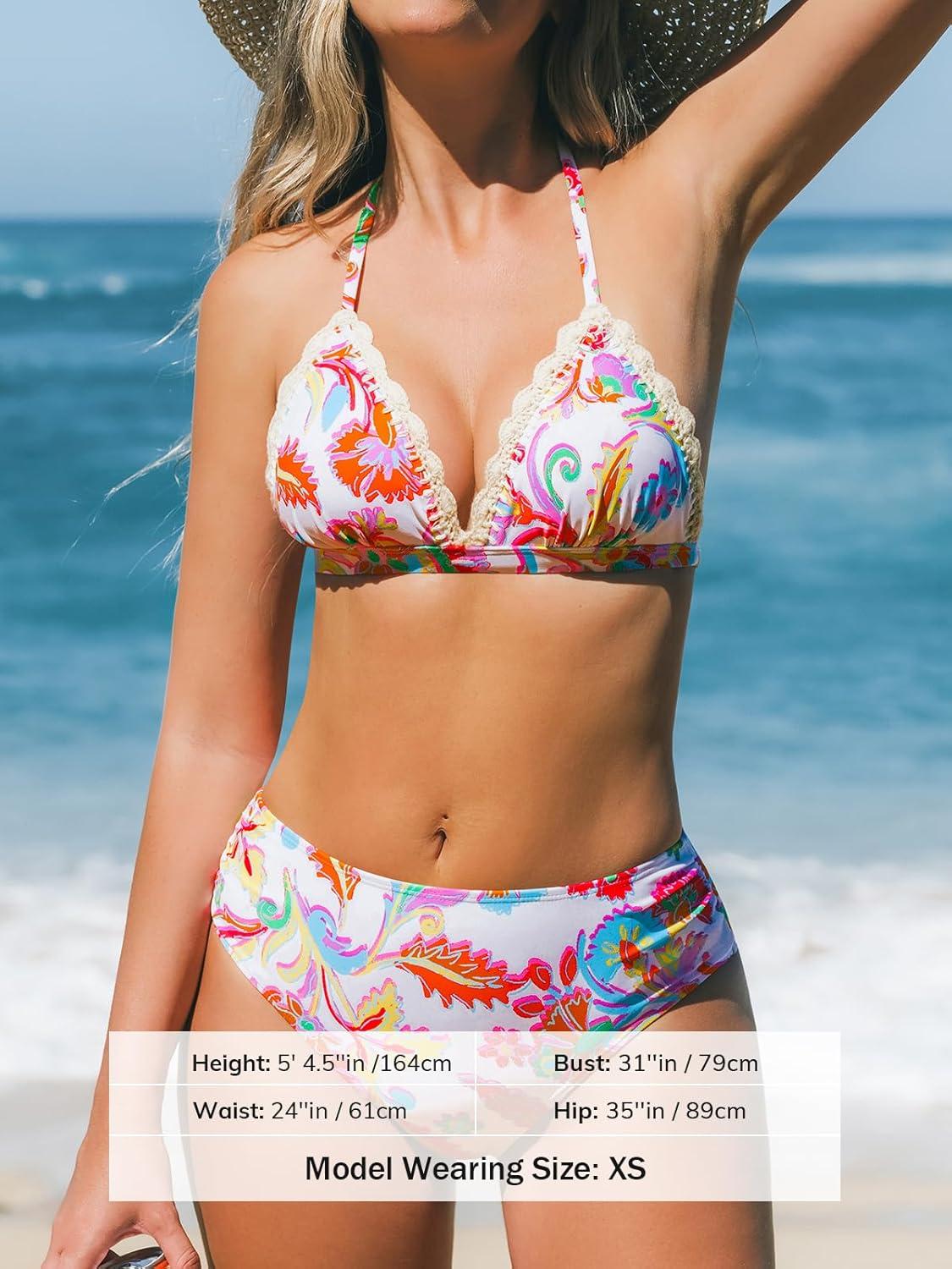 imageCUPSHE Womens Bikini Sets Two Piece Swimsuit Mid Rise Halter Triangle Tops V Neck Scalloped CrochetWhiteRed Floral