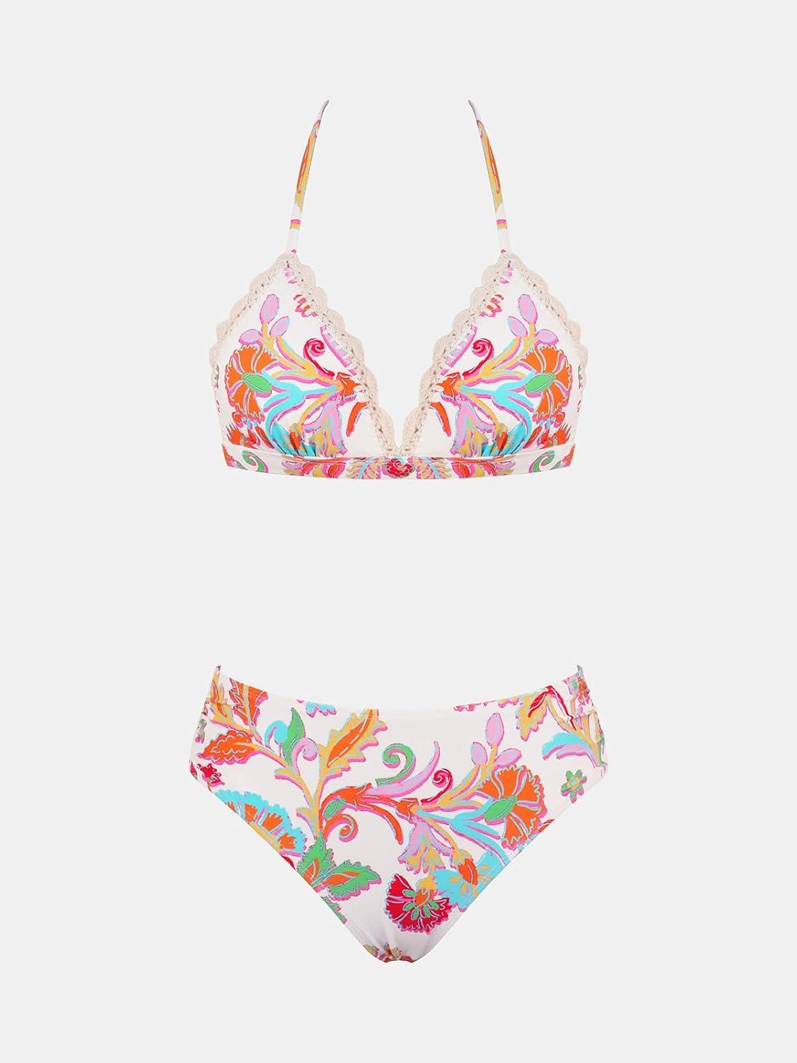 imageCUPSHE Womens Bikini Sets Two Piece Swimsuit Mid Rise Halter Triangle Tops V Neck Scalloped CrochetWhiteRed Floral
