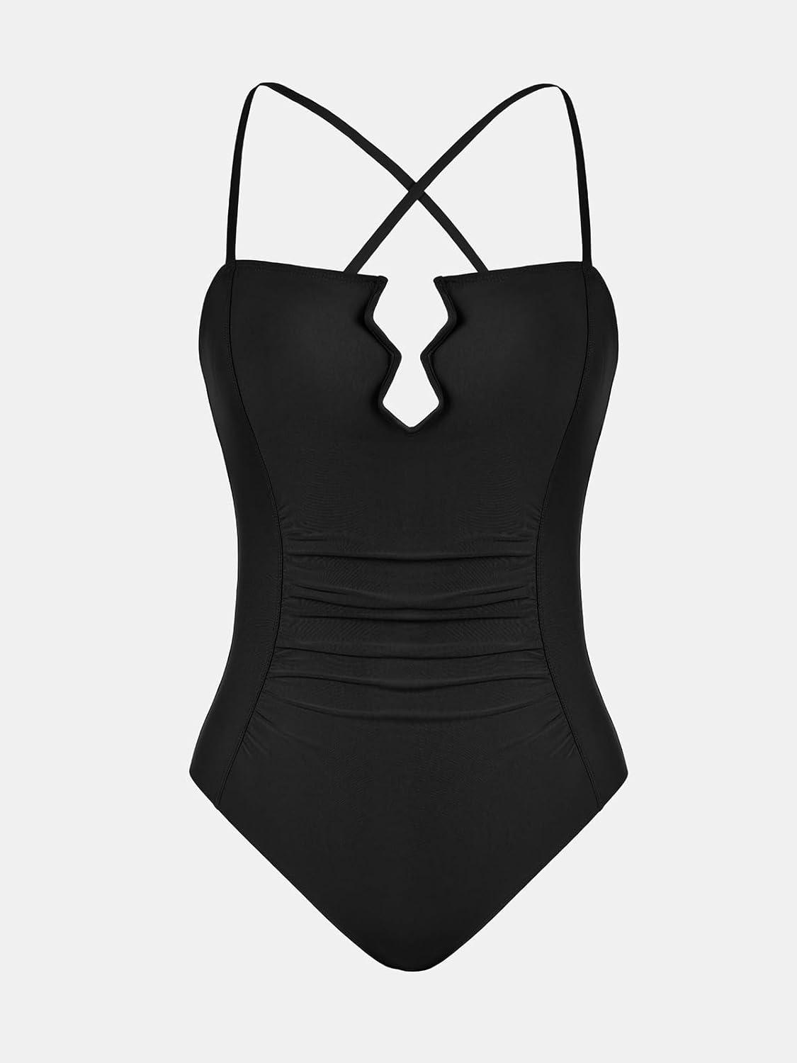 imageCUPSHE Womens One Piece Bathing Suit Ruched Swimsuit Square Neck Crisscross Back Self Tie W WireBlack