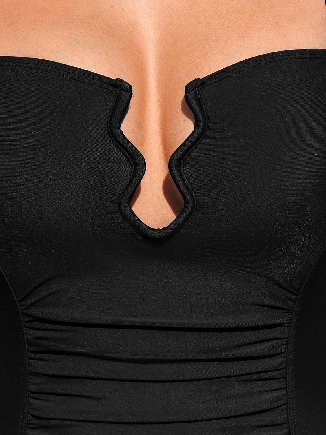 imageCUPSHE Womens One Piece Bathing Suit Ruched Swimsuit Square Neck Crisscross Back Self Tie W WireBlack