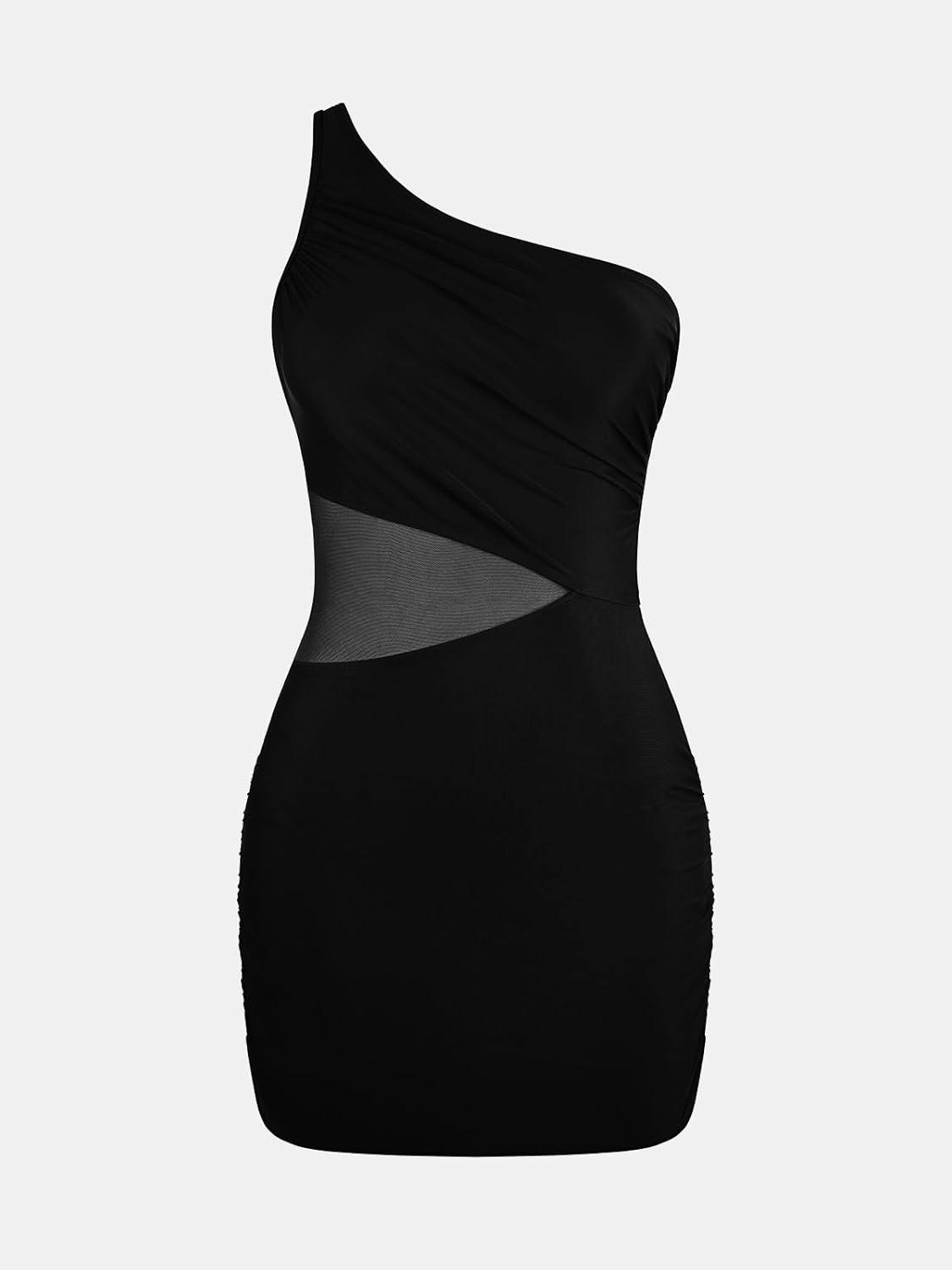 imageCUPSHE Womens One Piece Swimsuit Asymmetrical Neck Bathing Suit One Shoulder Ruched Mesh Side Waisted Panel Swim DressBlack