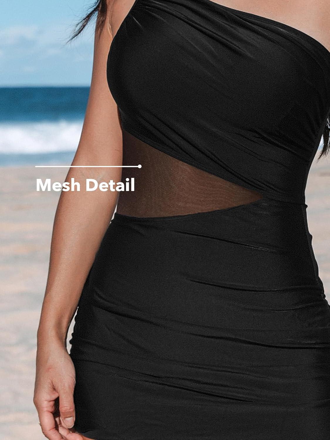 imageCUPSHE Womens One Piece Swimsuit Asymmetrical Neck Bathing Suit One Shoulder Ruched Mesh Side Waisted Panel Swim DressBlack