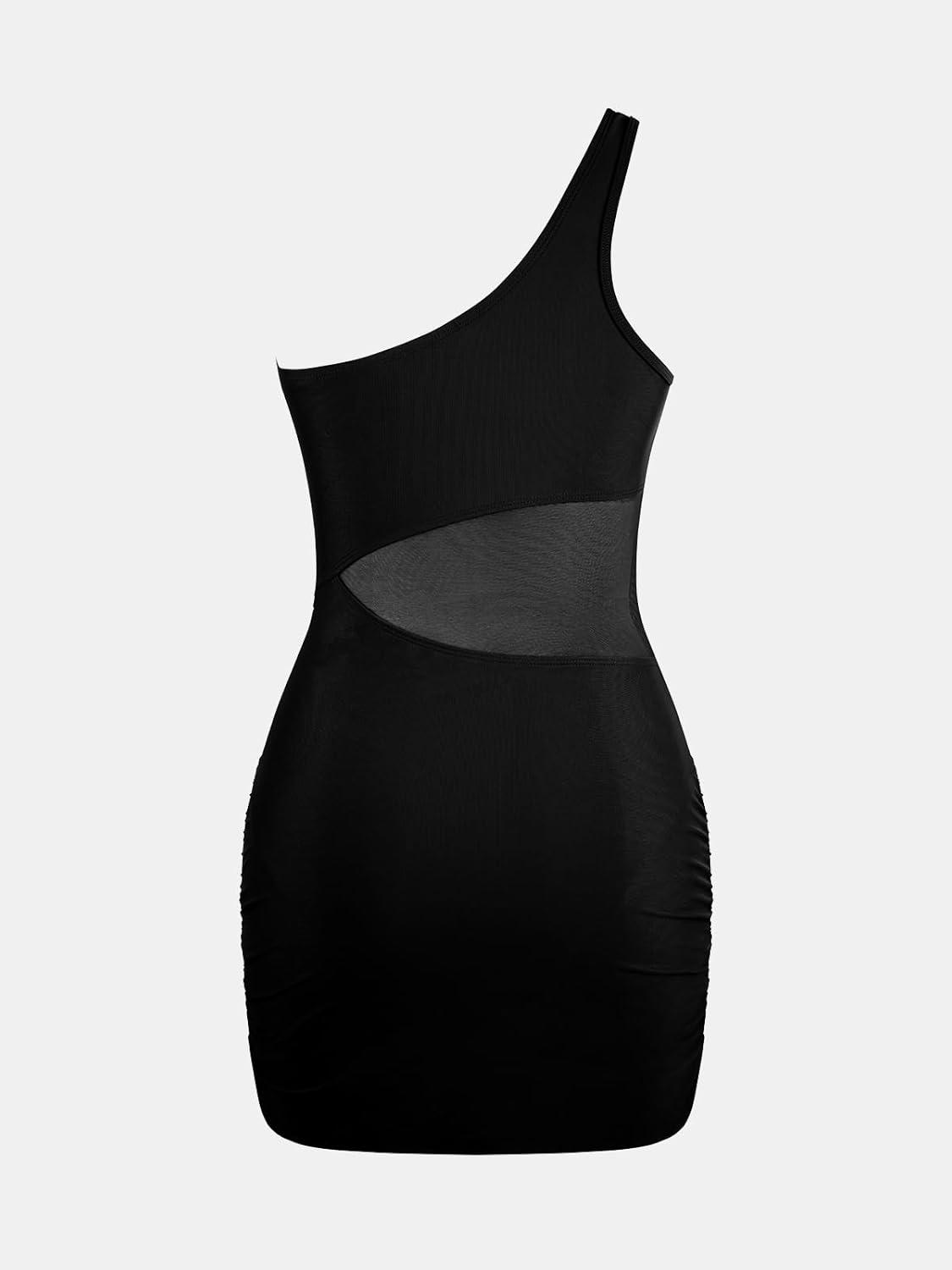 imageCUPSHE Womens One Piece Swimsuit Asymmetrical Neck Bathing Suit One Shoulder Ruched Mesh Side Waisted Panel Swim DressBlack