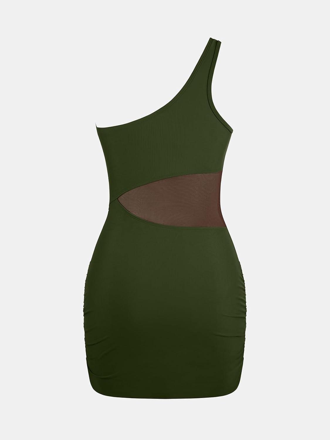imageCUPSHE Womens One Piece Swimsuit Asymmetrical Neck Bathing Suit One Shoulder Ruched Mesh Side Waisted Panel Swim DressGreen