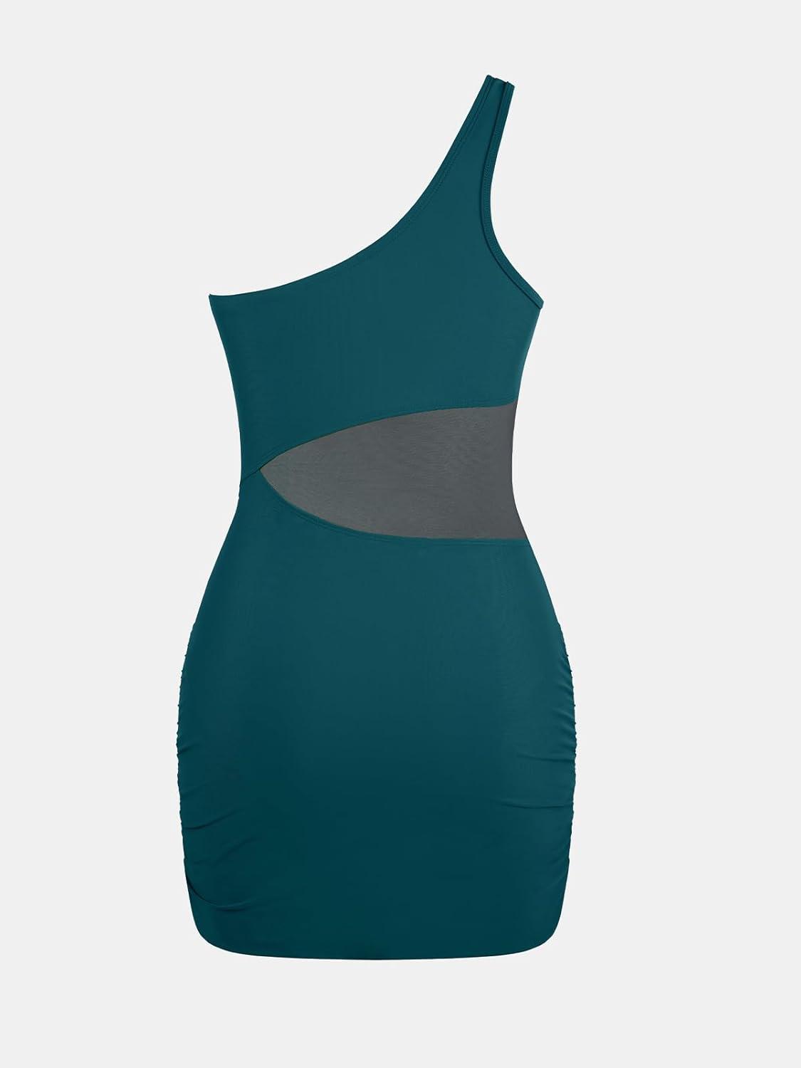 imageCUPSHE Womens One Piece Swimsuit Asymmetrical Neck Bathing Suit One Shoulder Ruched Mesh Side Waisted Panel Swim DressNavy Blue