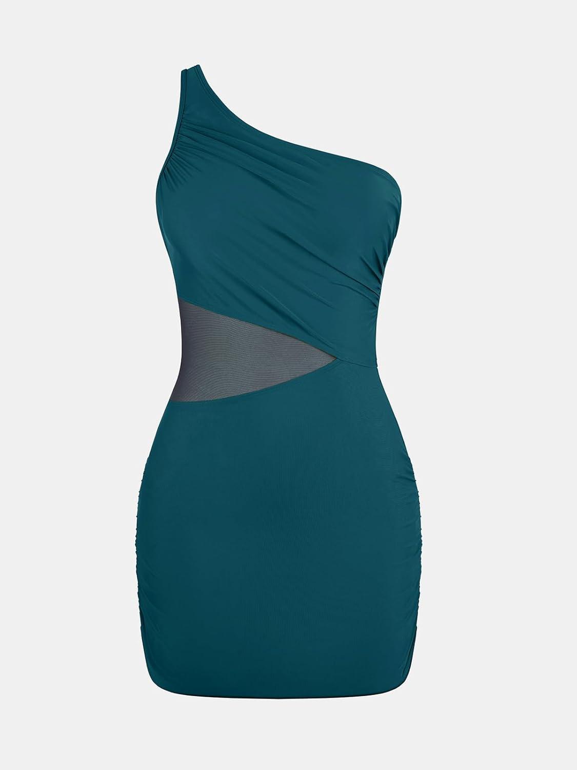 imageCUPSHE Womens One Piece Swimsuit Asymmetrical Neck Bathing Suit One Shoulder Ruched Mesh Side Waisted Panel Swim DressNavy Blue