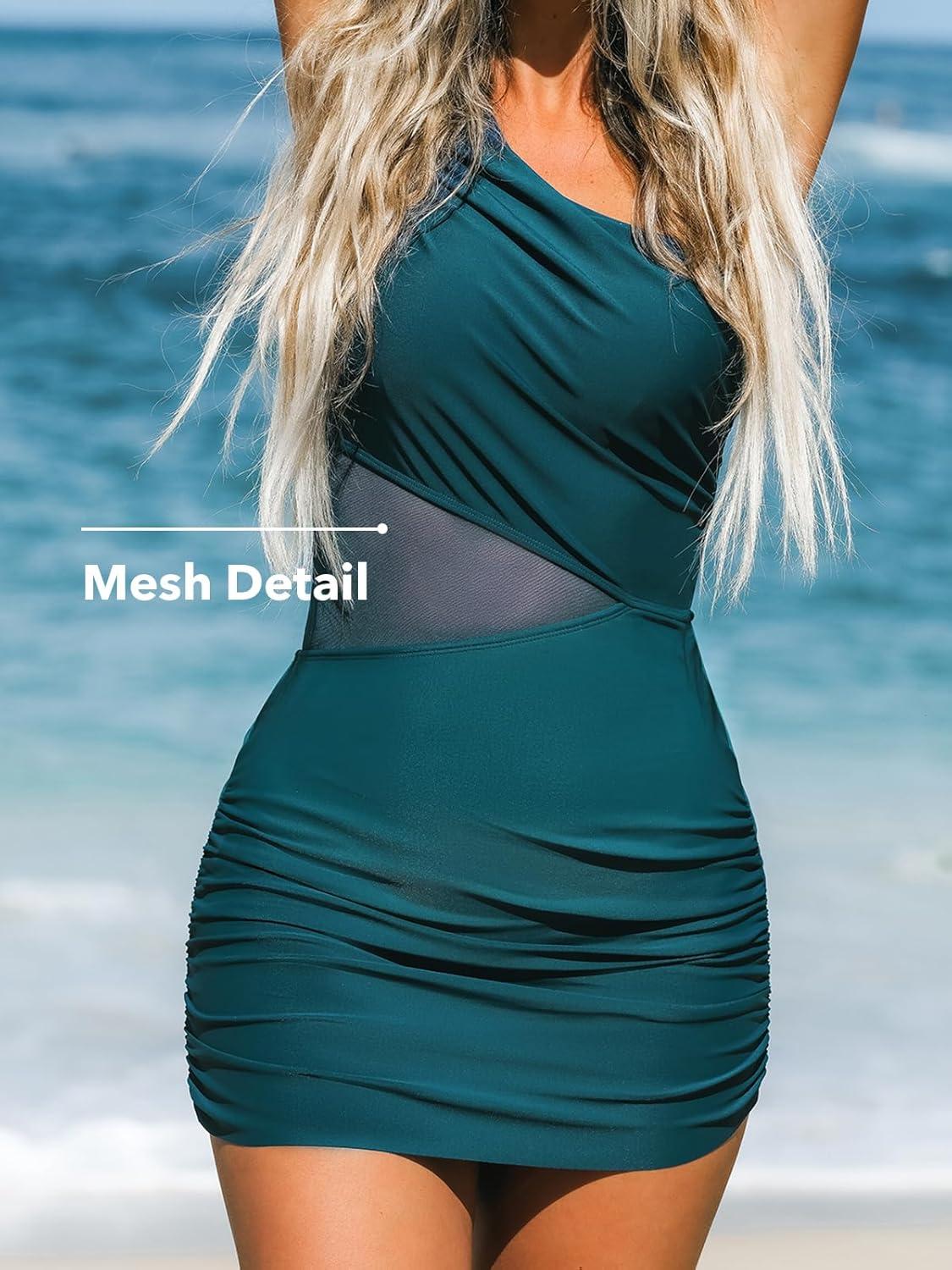 imageCUPSHE Womens One Piece Swimsuit Asymmetrical Neck Bathing Suit One Shoulder Ruched Mesh Side Waisted Panel Swim DressNavy Blue