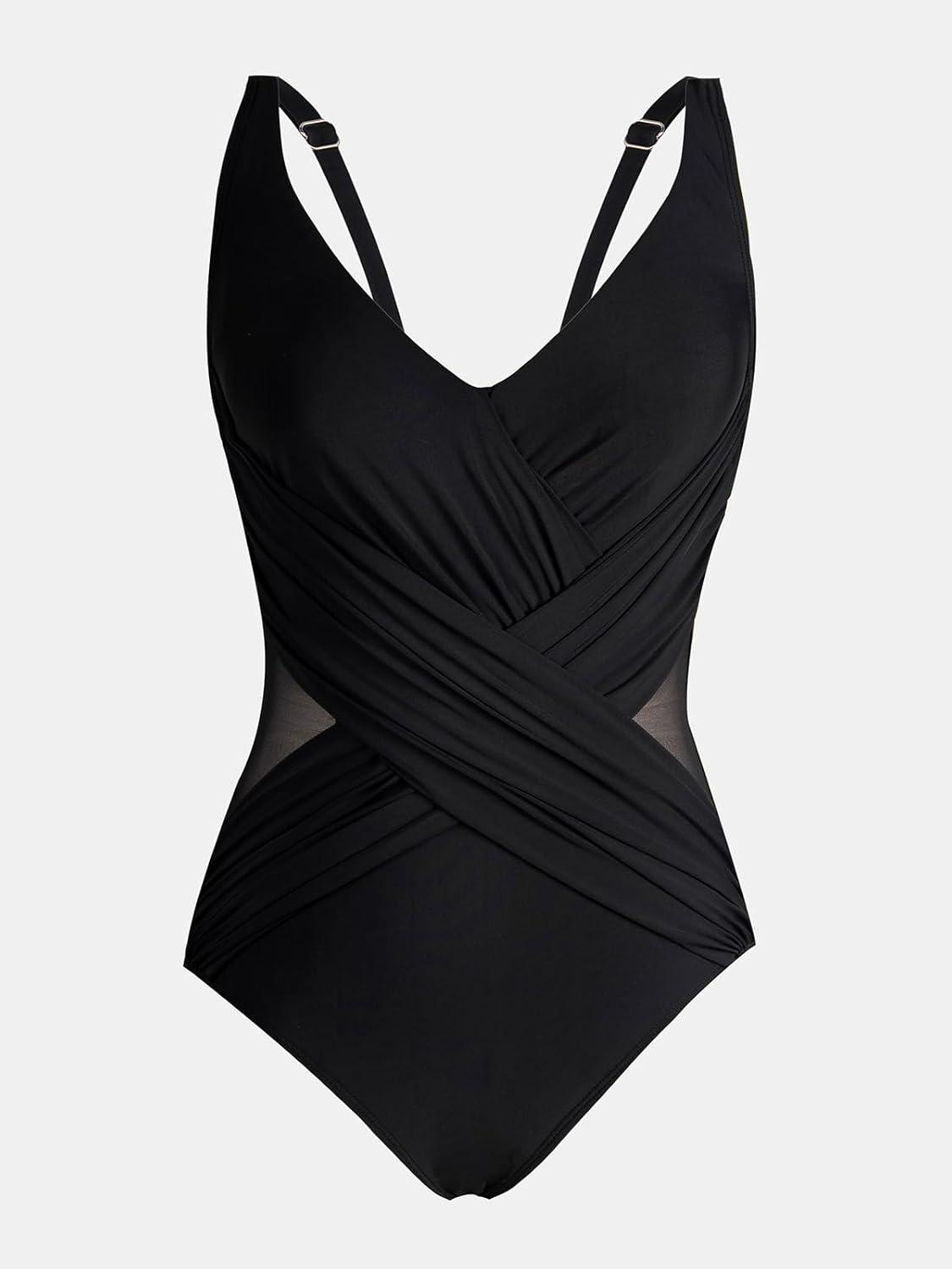 imageCUPSHE Womens One Piece Swimsuit Bathing Suit Tummy Control Plunging Neck Wrapped Ruched Mesh Adjustable StrapsBlack