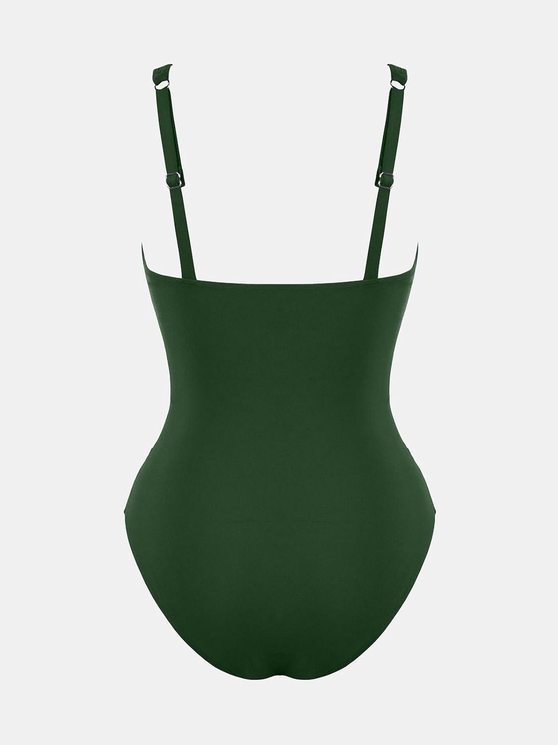 imageCUPSHE Womens One Piece Swimsuit Bathing Suit Tummy Control Plunging Neck Wrapped Ruched Mesh Adjustable StrapsDark Olive Green