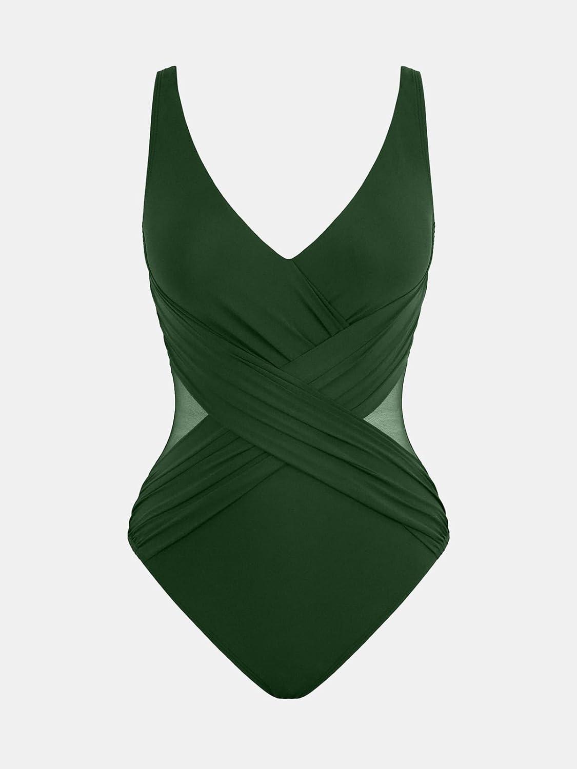 imageCUPSHE Womens One Piece Swimsuit Bathing Suit Tummy Control Plunging Neck Wrapped Ruched Mesh Adjustable StrapsDark Olive Green