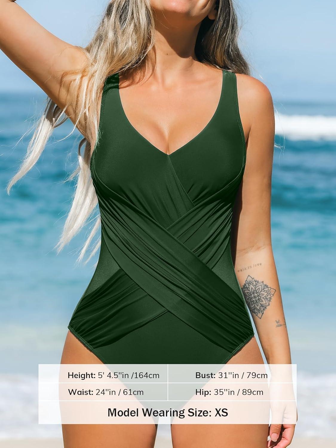 imageCUPSHE Womens One Piece Swimsuit Bathing Suit Tummy Control Plunging Neck Wrapped Ruched Mesh Adjustable StrapsDark Olive Green
