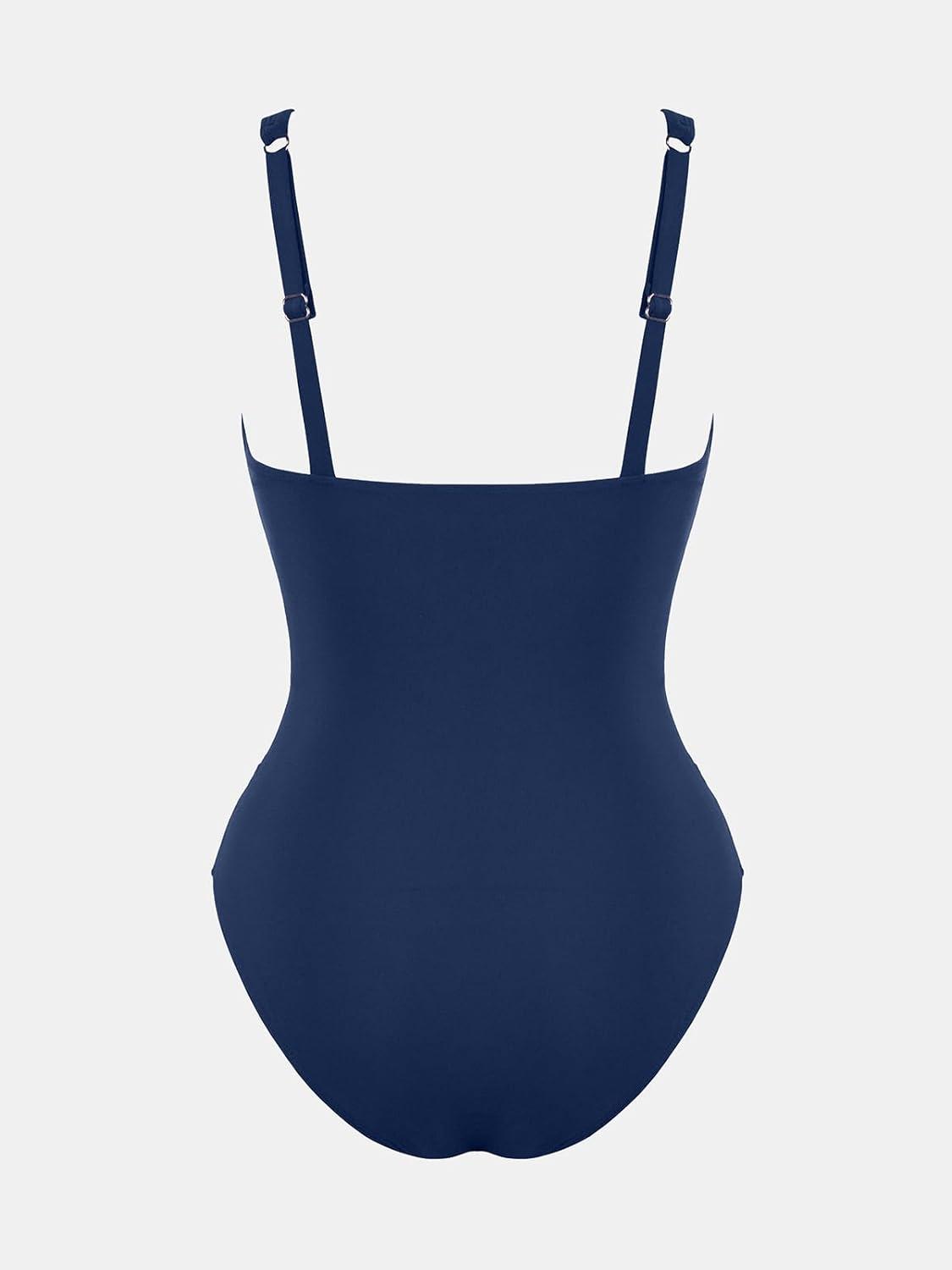 imageCUPSHE Womens One Piece Swimsuit Bathing Suit Tummy Control Plunging Neck Wrapped Ruched Mesh Adjustable StrapsNavy Blue