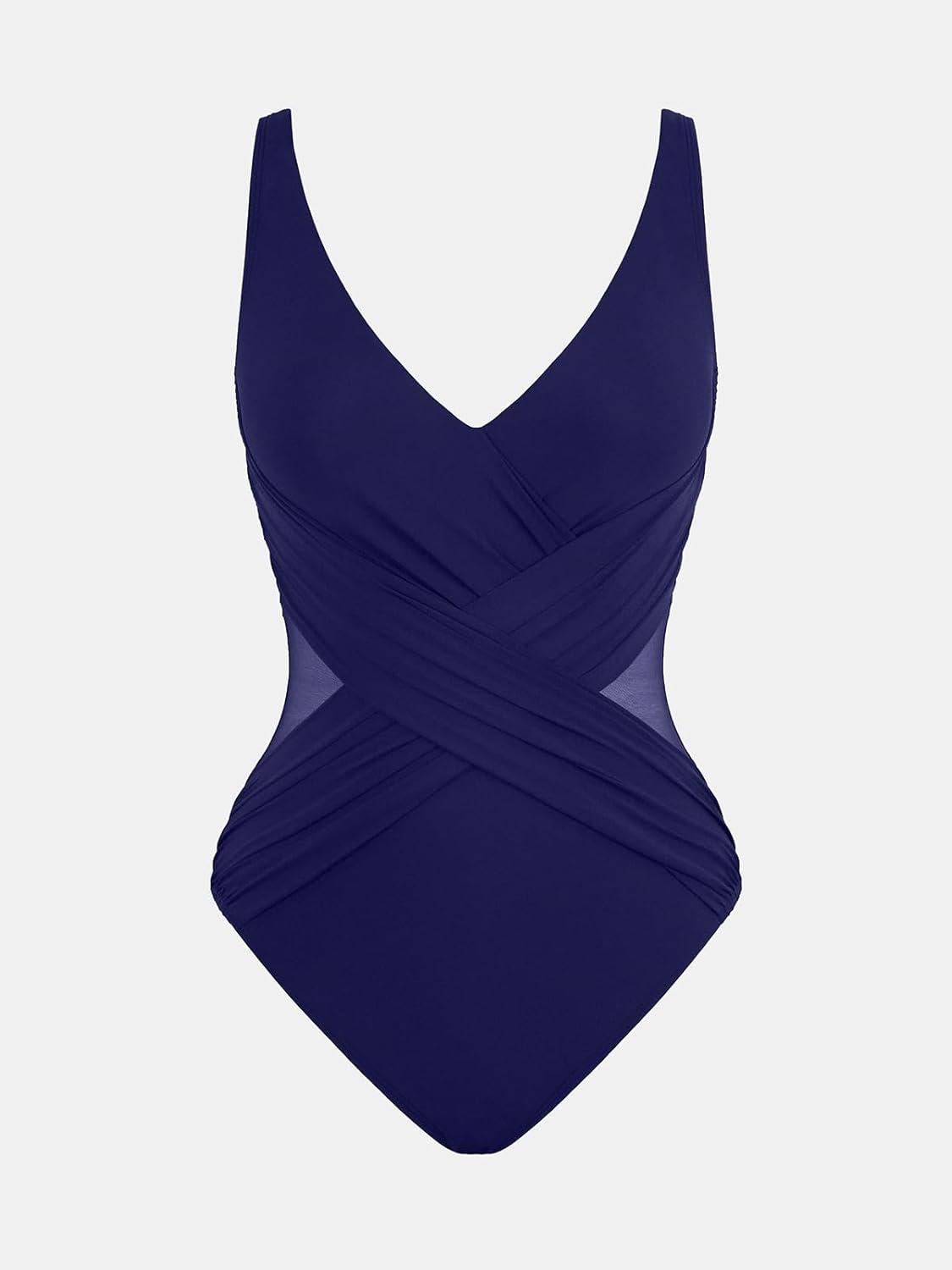 imageCUPSHE Womens One Piece Swimsuit Bathing Suit Tummy Control Plunging Neck Wrapped Ruched Mesh Adjustable StrapsRoyal Blue