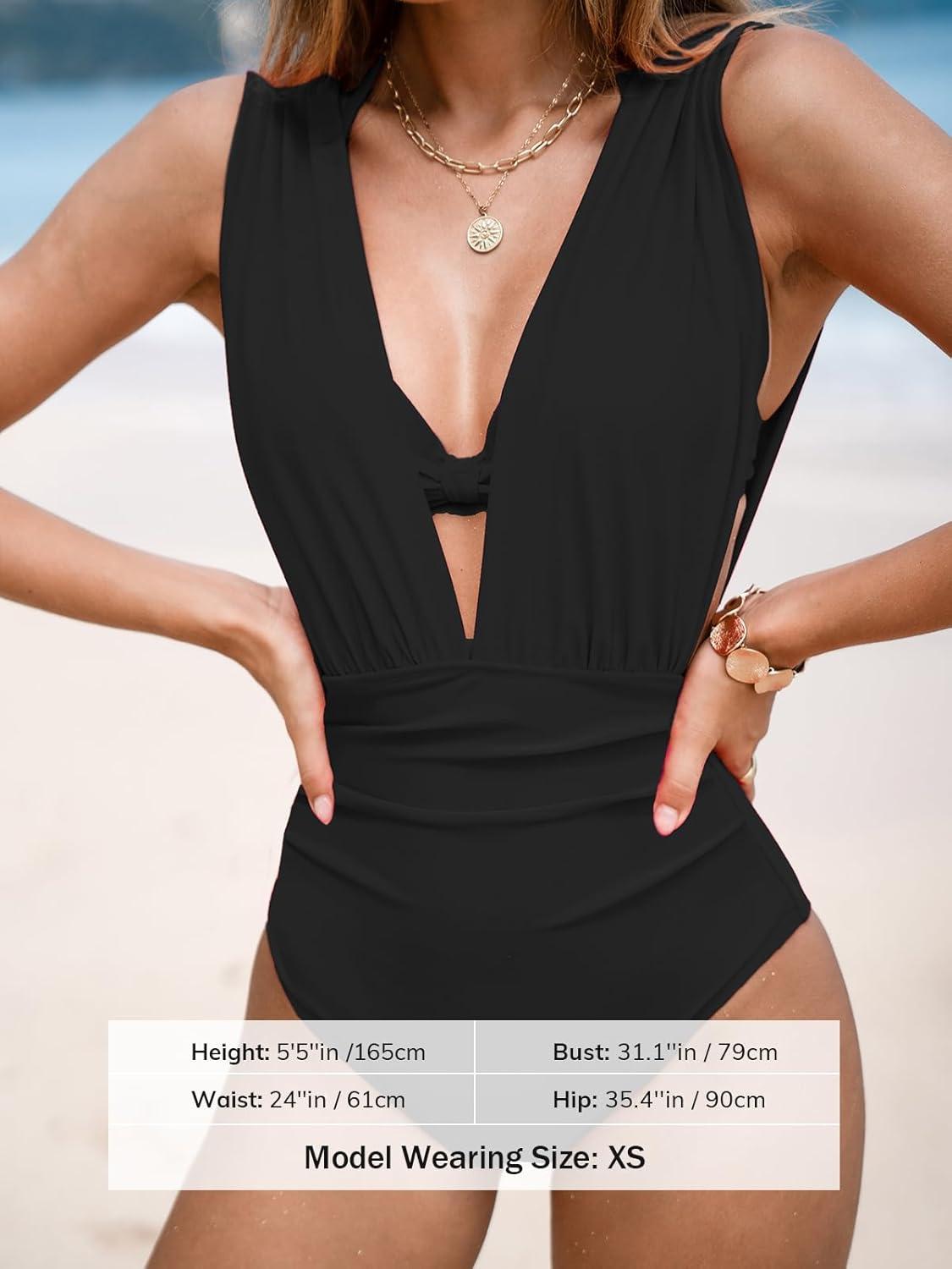 imageCUPSHE Womens One Piece Swimsuit Halter Plunging Neck Bathing Suit Wide Straps Underwire Ruched Back HookBlack