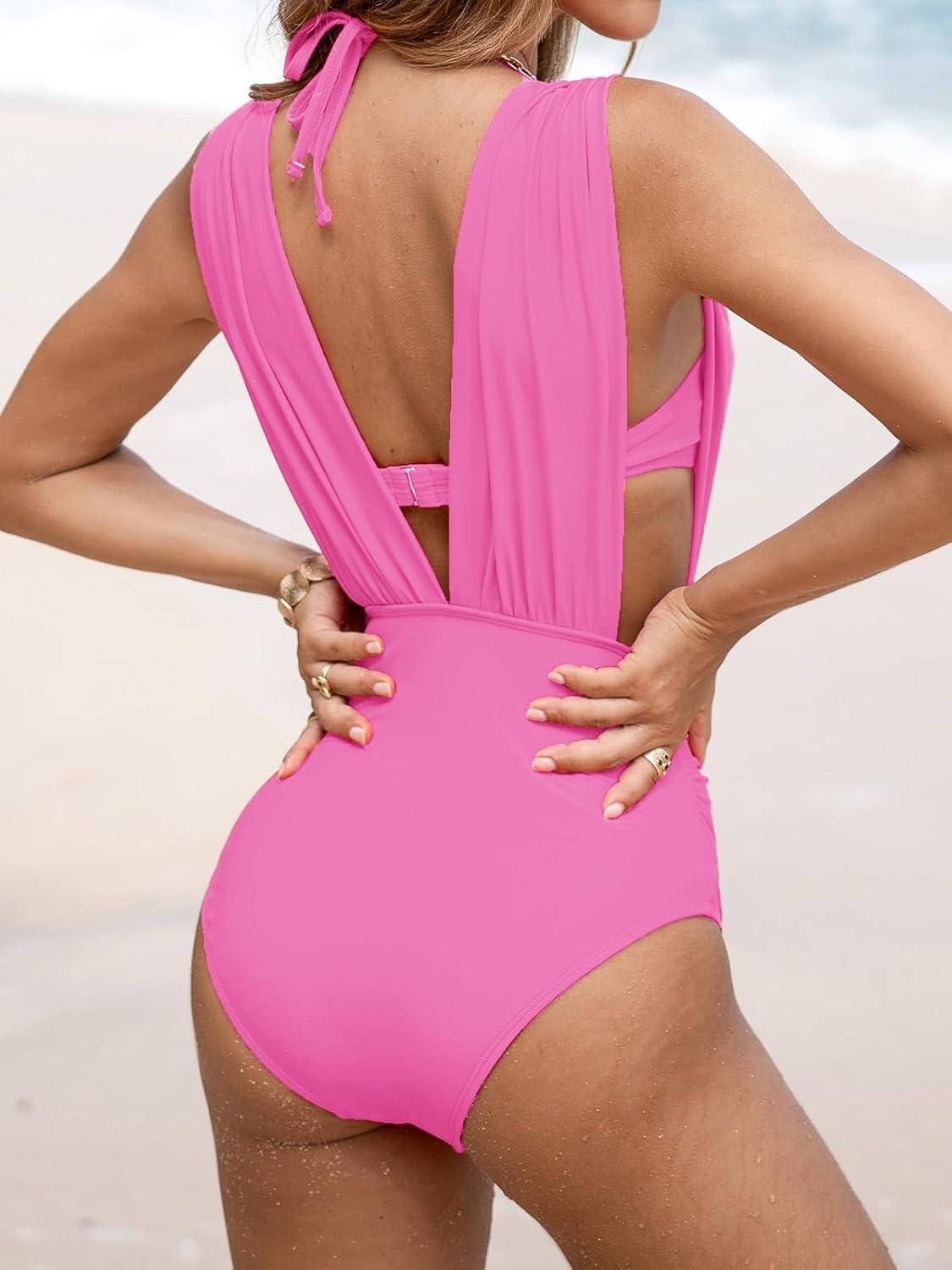 imageCUPSHE Womens One Piece Swimsuit Halter Plunging Neck Bathing Suit Wide Straps Underwire Ruched Back HookBubblegum Pink