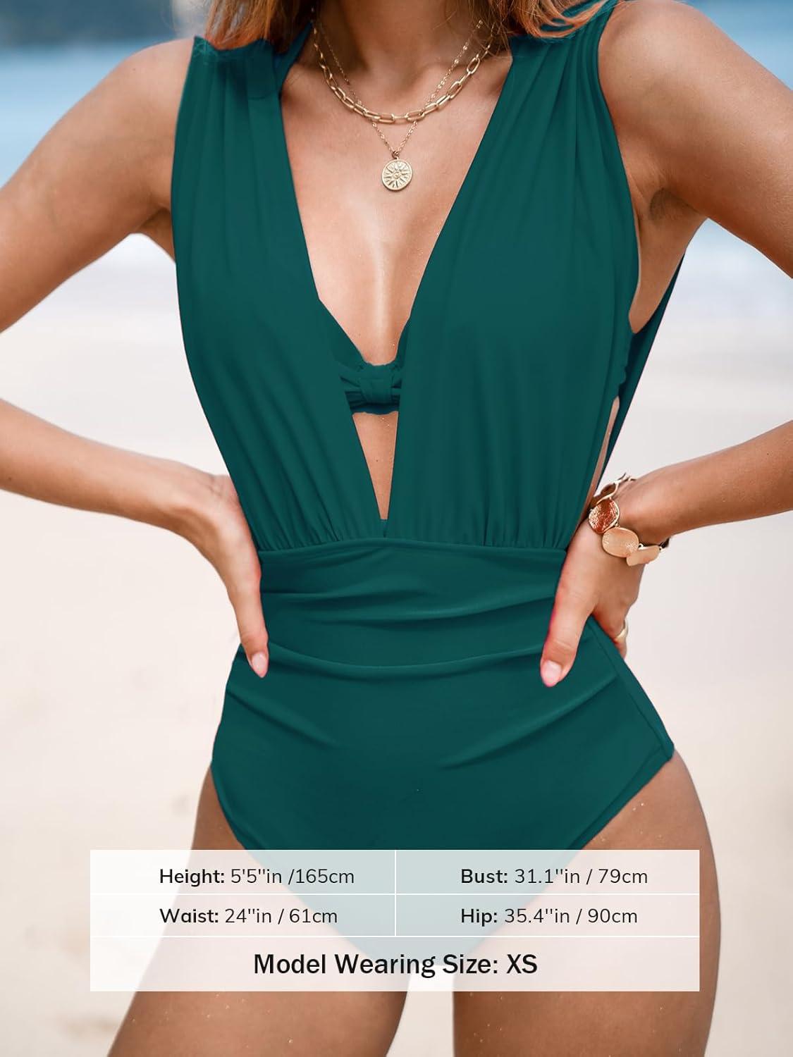 imageCUPSHE Womens One Piece Swimsuit Halter Plunging Neck Bathing Suit Wide Straps Underwire Ruched Back HookOcean Green