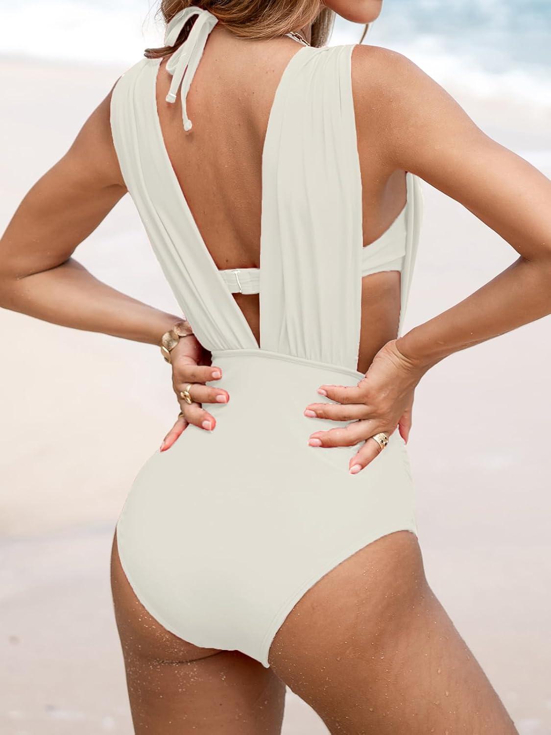 imageCUPSHE Womens One Piece Swimsuit Halter Plunging Neck Bathing Suit Wide Straps Underwire Ruched Back HookWhite
