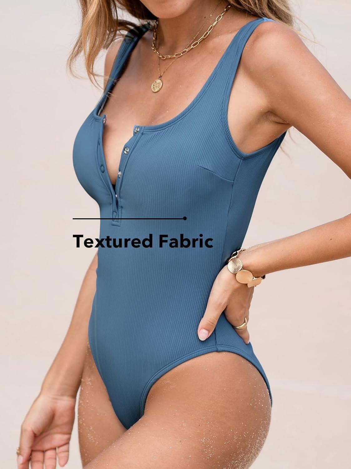 imageCUPSHE Womens One Piece Swimsuit Long Torso Bathing Suit Scoop Neck Ribbed Textured Wide Adjustable StrapsDenim Blue