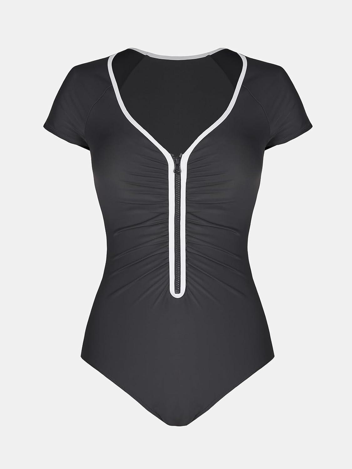 imageCUPSHE Womens One Piece Swimsuit Scoop Neck Short Sleeve Zipper Front Ruched Bathing Suit Color Blocked TrimDark Gray