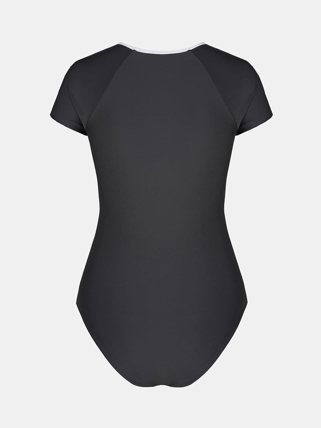 imageCUPSHE Womens One Piece Swimsuit Scoop Neck Short Sleeve Zipper Front Ruched Bathing Suit Color Blocked TrimDark Gray