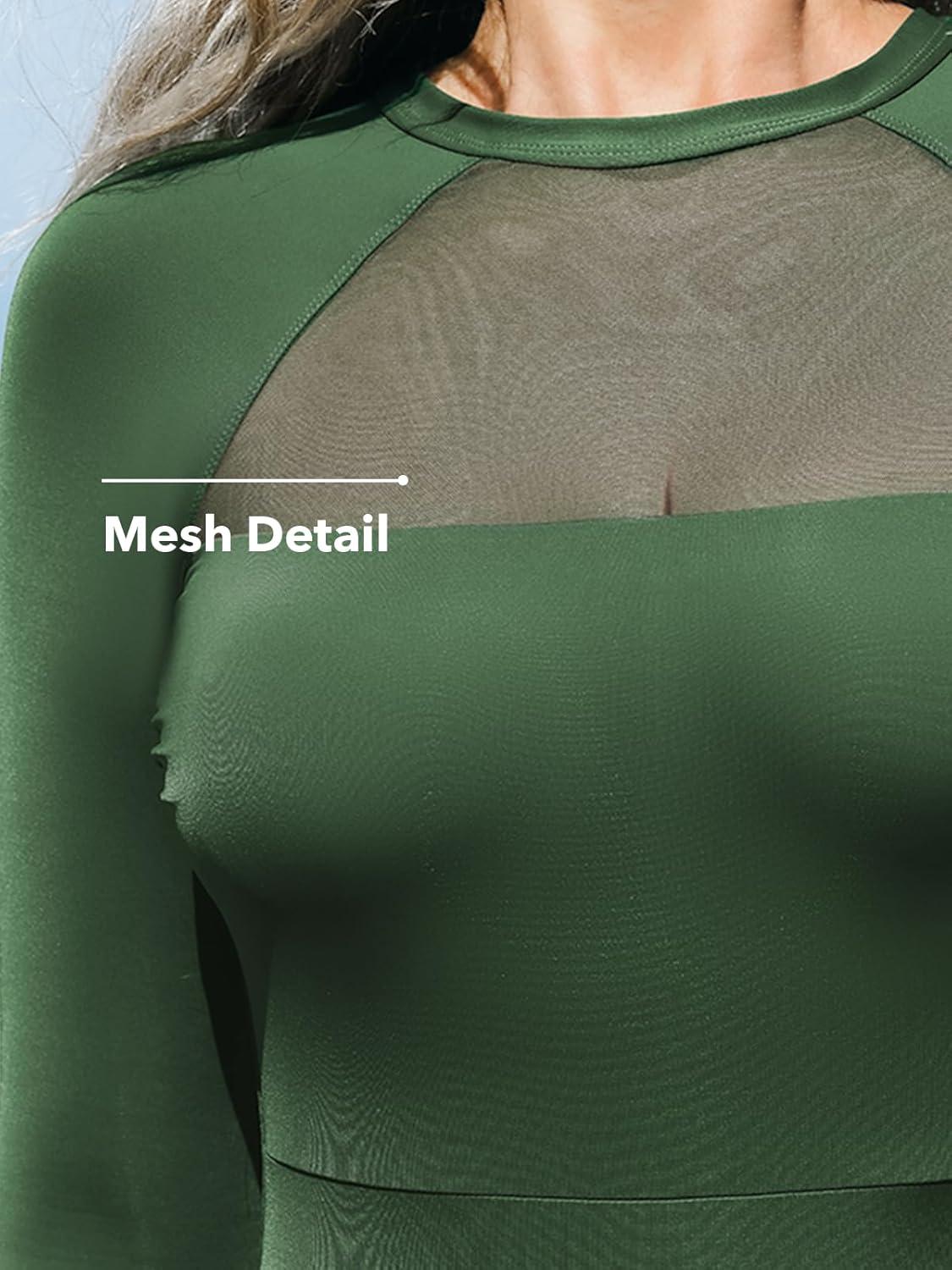 imageCUPSHE Womens One Piece Swimsuit UPF 50 UV Protection Rash Guard Long Sleeve Mesh Panel Front Mock Neck Zippered BackGreen
