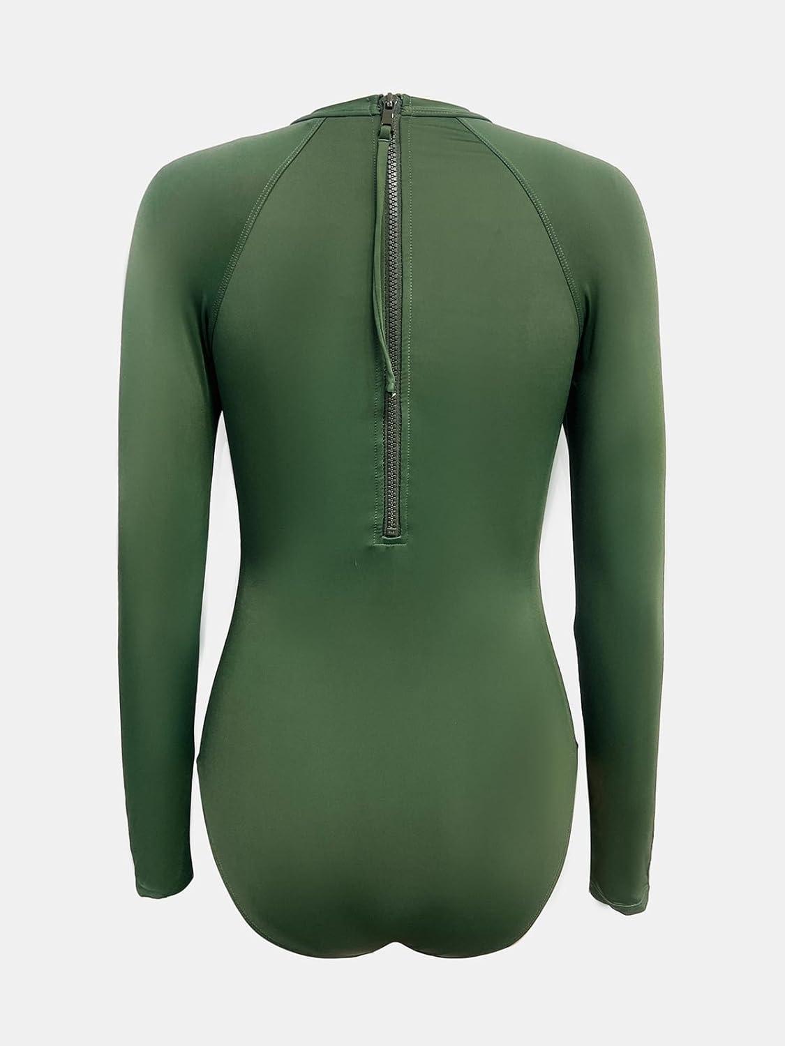 imageCUPSHE Womens One Piece Swimsuit UPF 50 UV Protection Rash Guard Long Sleeve Mesh Panel Front Mock Neck Zippered BackGreen