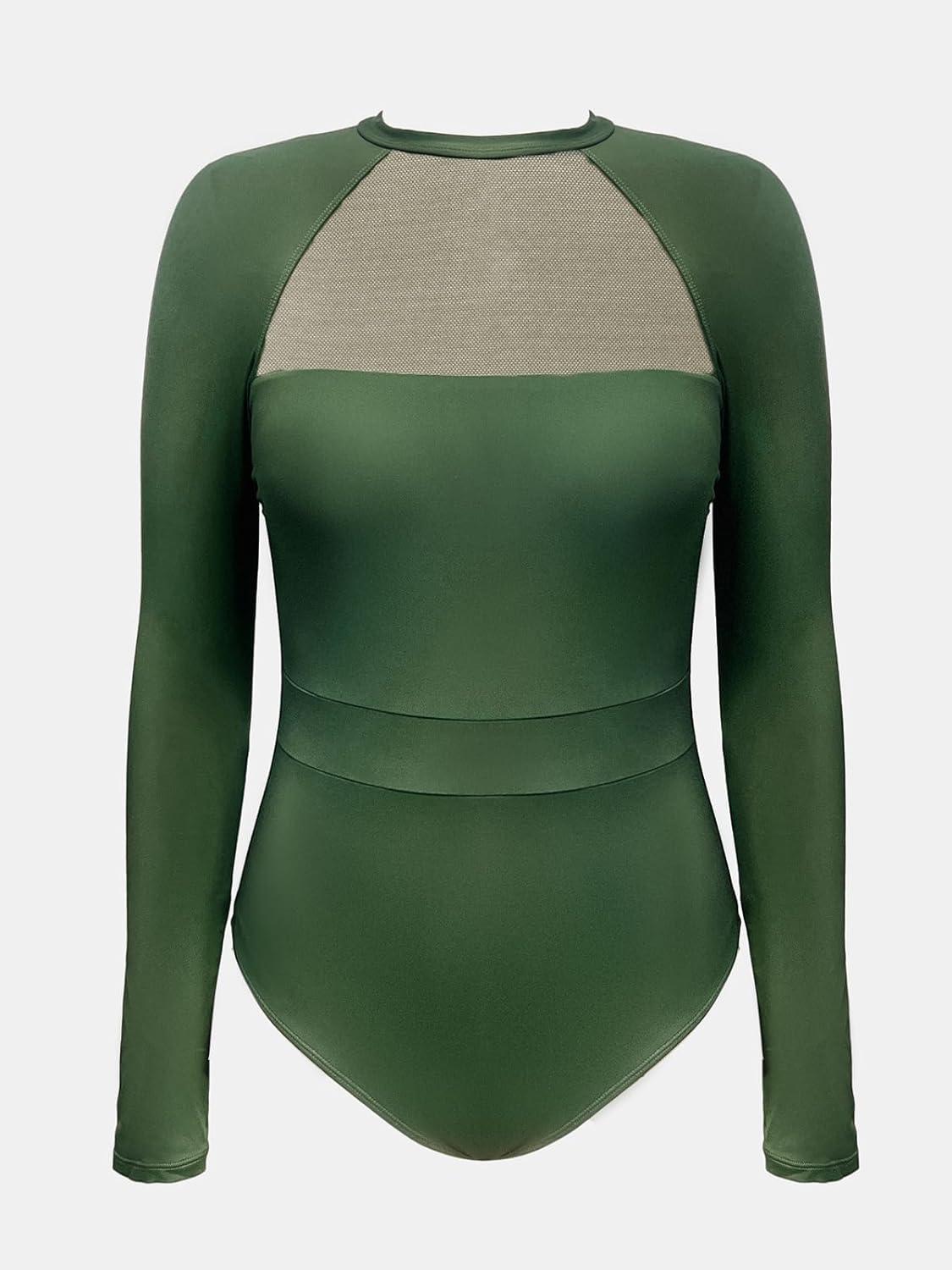 imageCUPSHE Womens One Piece Swimsuit UPF 50 UV Protection Rash Guard Long Sleeve Mesh Panel Front Mock Neck Zippered BackGreen