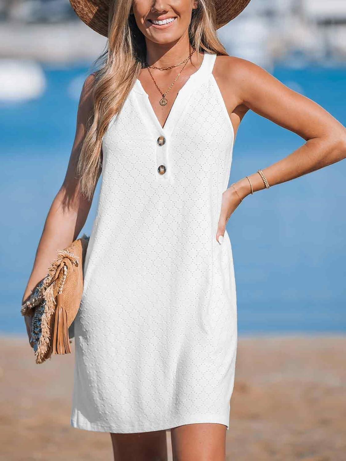 imageCUPSHE Womens Swimsuit Coverup Sleeveless Hollow Out Swimwear Cover Ups Eyelet Beach Tank DressWhite