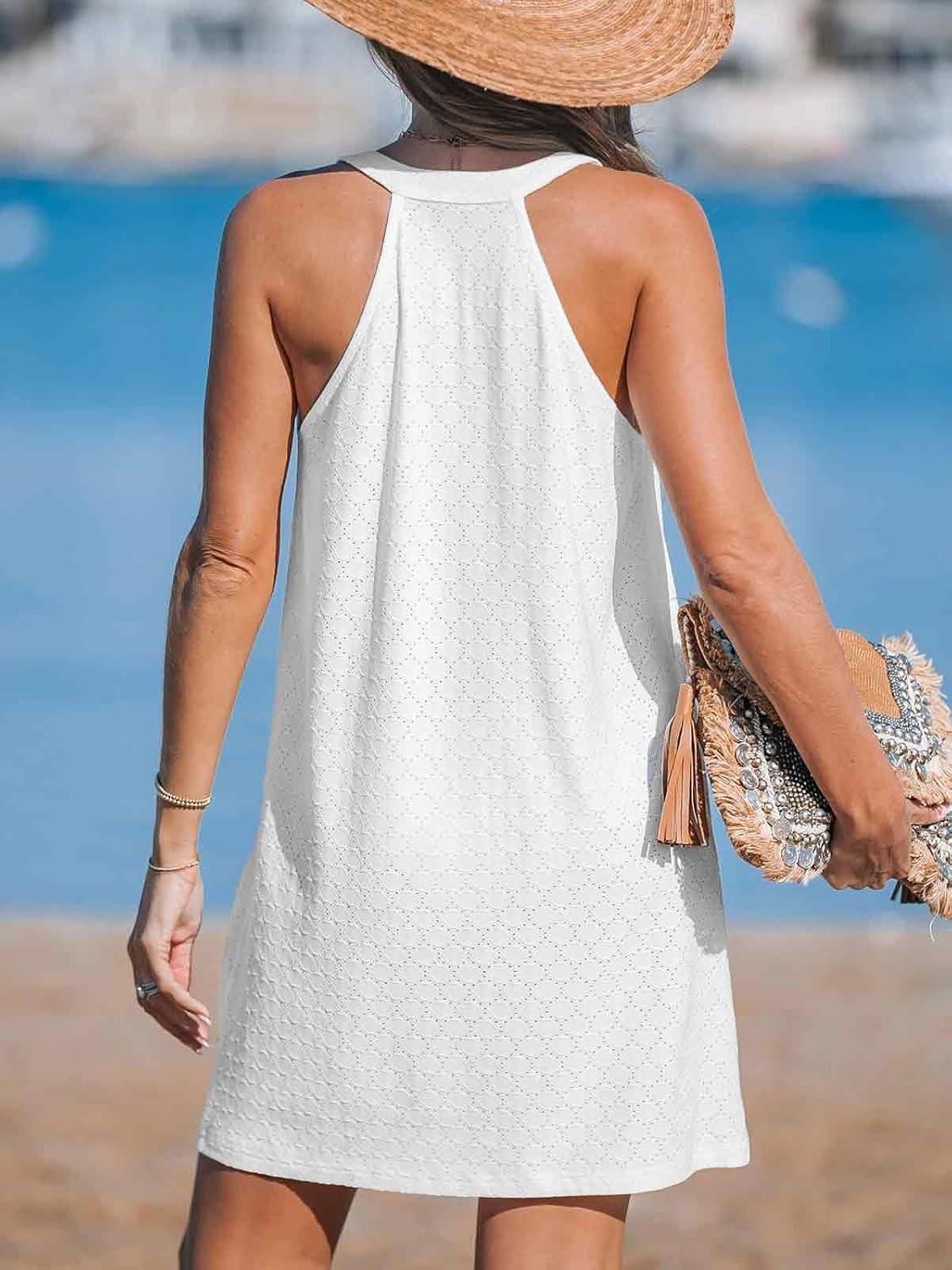 imageCUPSHE Womens Swimsuit Coverup Sleeveless Hollow Out Swimwear Cover Ups Eyelet Beach Tank DressWhite