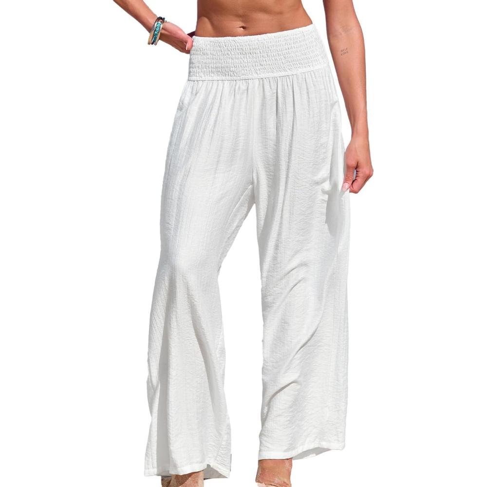 imageCUPSHE Women Swimsuit Cover Ups Pants High Waist Smokced Wide Leg Beach Vacation OutfitsWhite