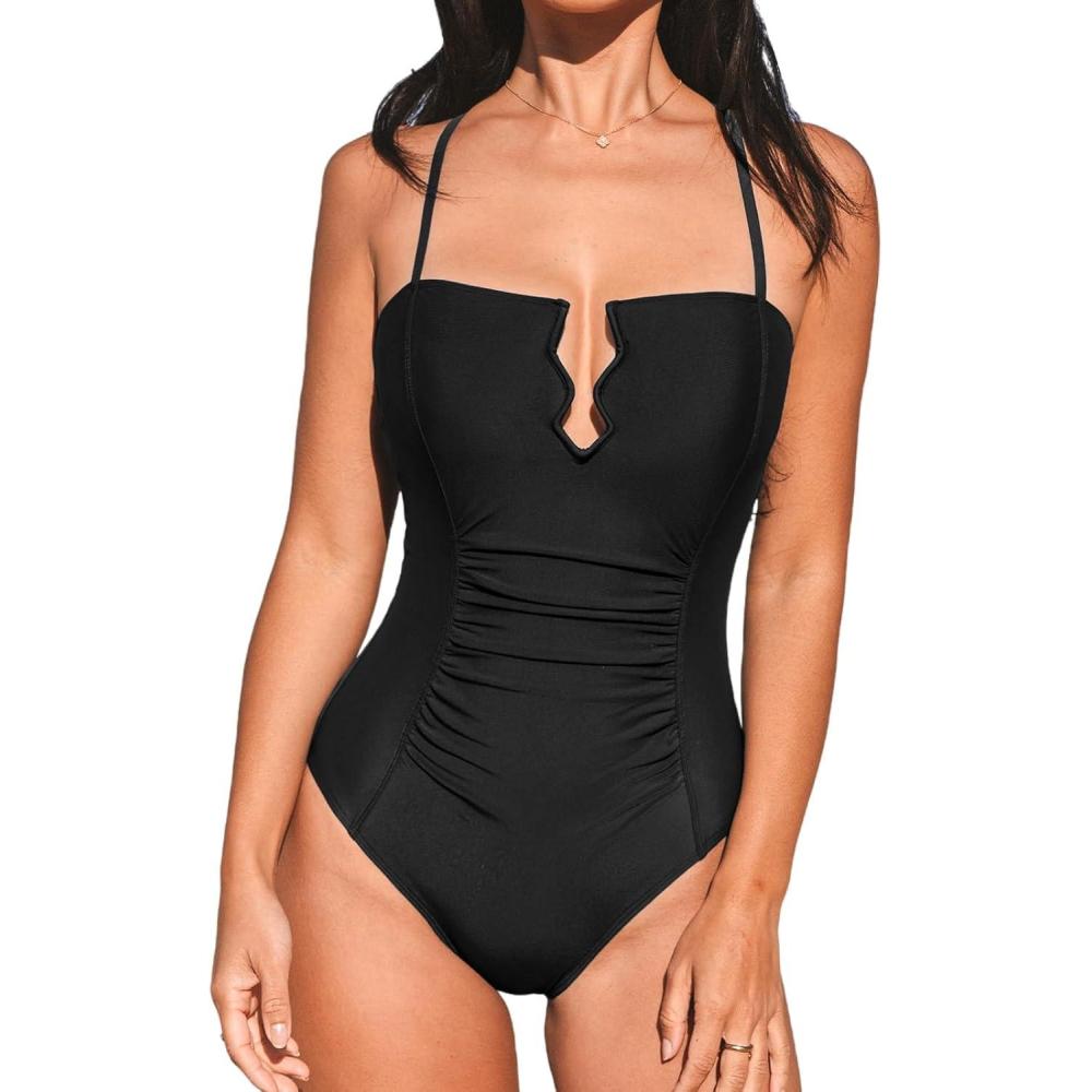 imageCUPSHE Womens One Piece Bathing Suit Ruched Swimsuit Square Neck Crisscross Back Self Tie W WireBlack