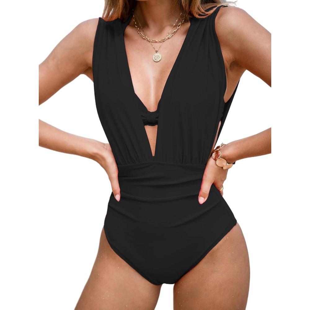 imageCUPSHE Womens One Piece Swimsuit Halter Plunging Neck Bathing Suit Wide Straps Underwire Ruched Back HookBlack