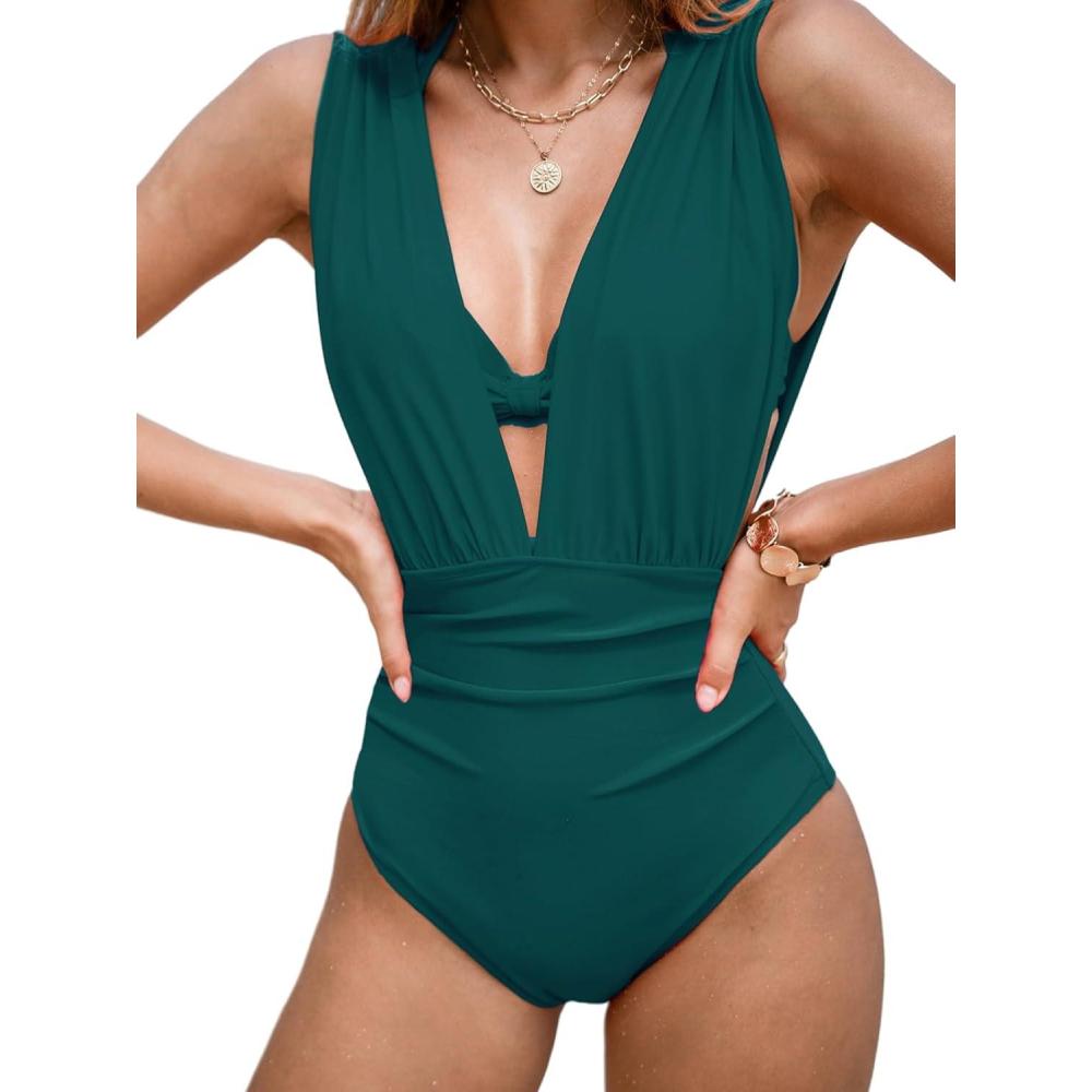 imageCUPSHE Womens One Piece Swimsuit Halter Plunging Neck Bathing Suit Wide Straps Underwire Ruched Back HookOcean Green