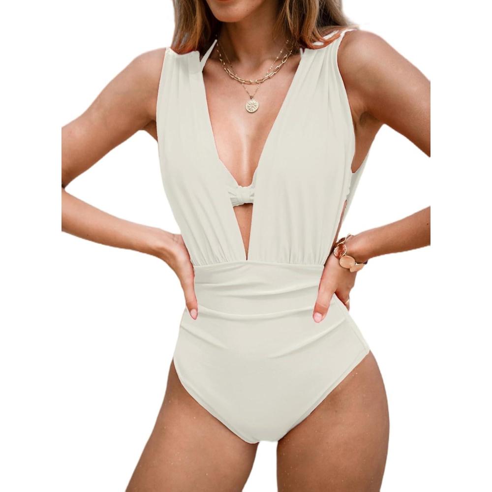 imageCUPSHE Womens One Piece Swimsuit Halter Plunging Neck Bathing Suit Wide Straps Underwire Ruched Back HookWhite